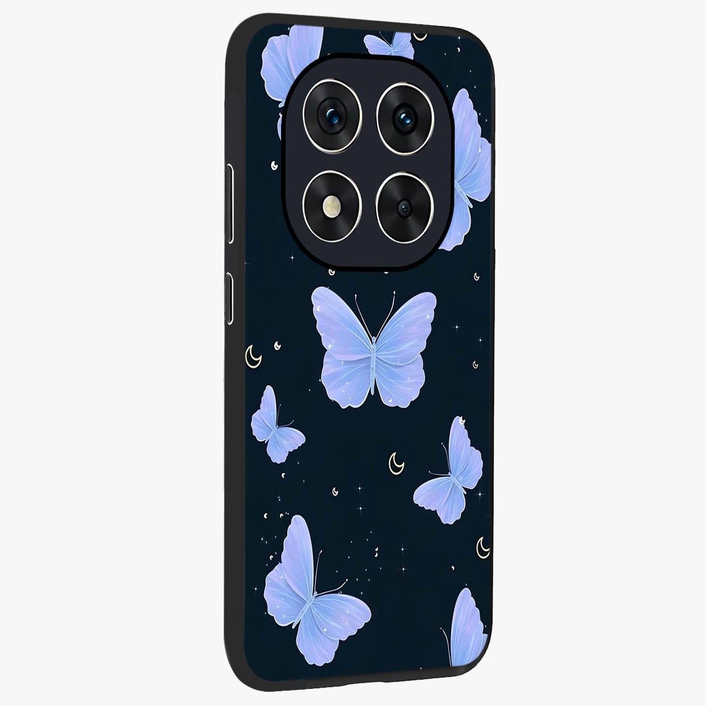 Butterfly With Stars Pattern Glass Case upright view showcasing celestial butterfly artwork with sparkling star elements.