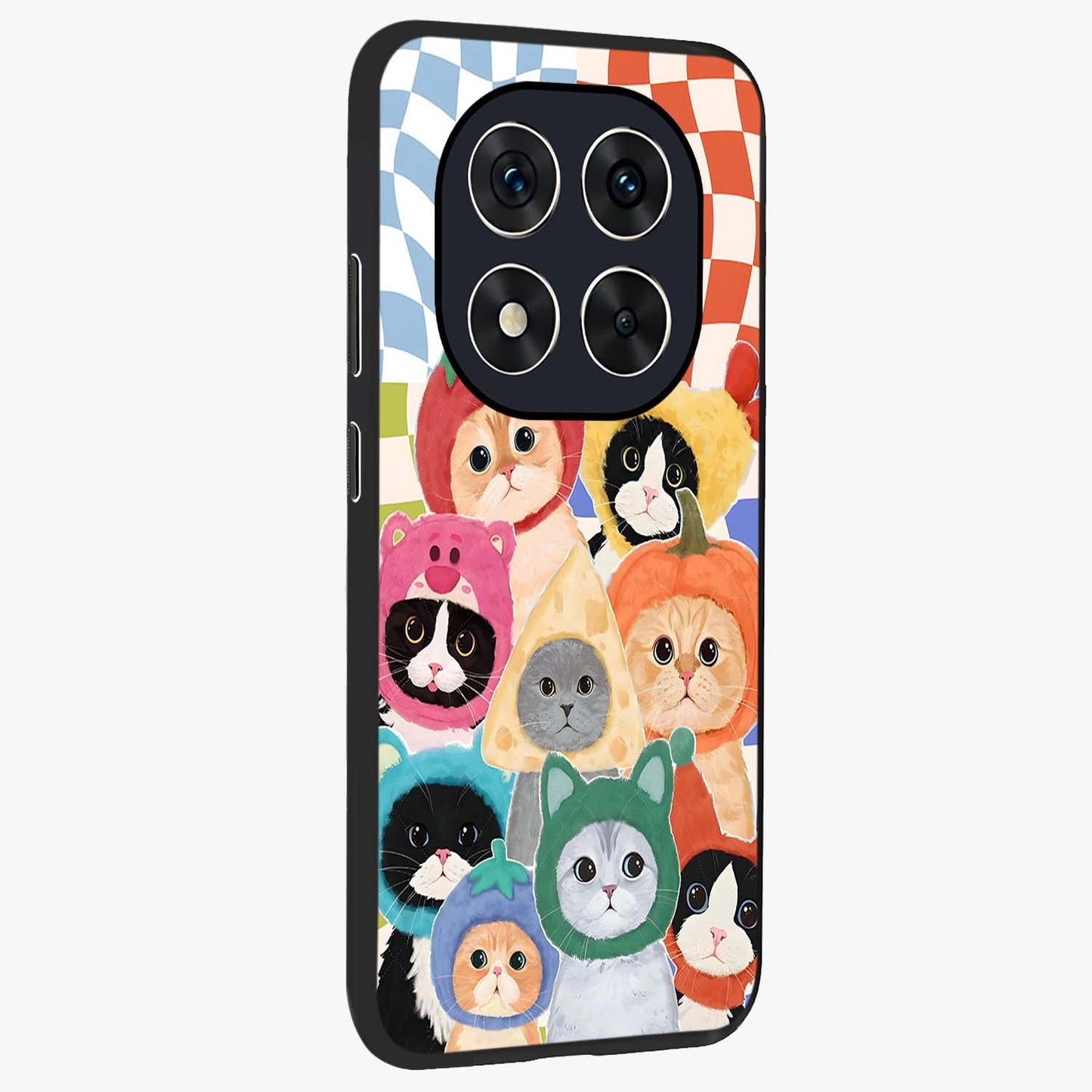 Cats in Fruits Glass Case upright view showcasing charming cat artwork with fun fruity theme.