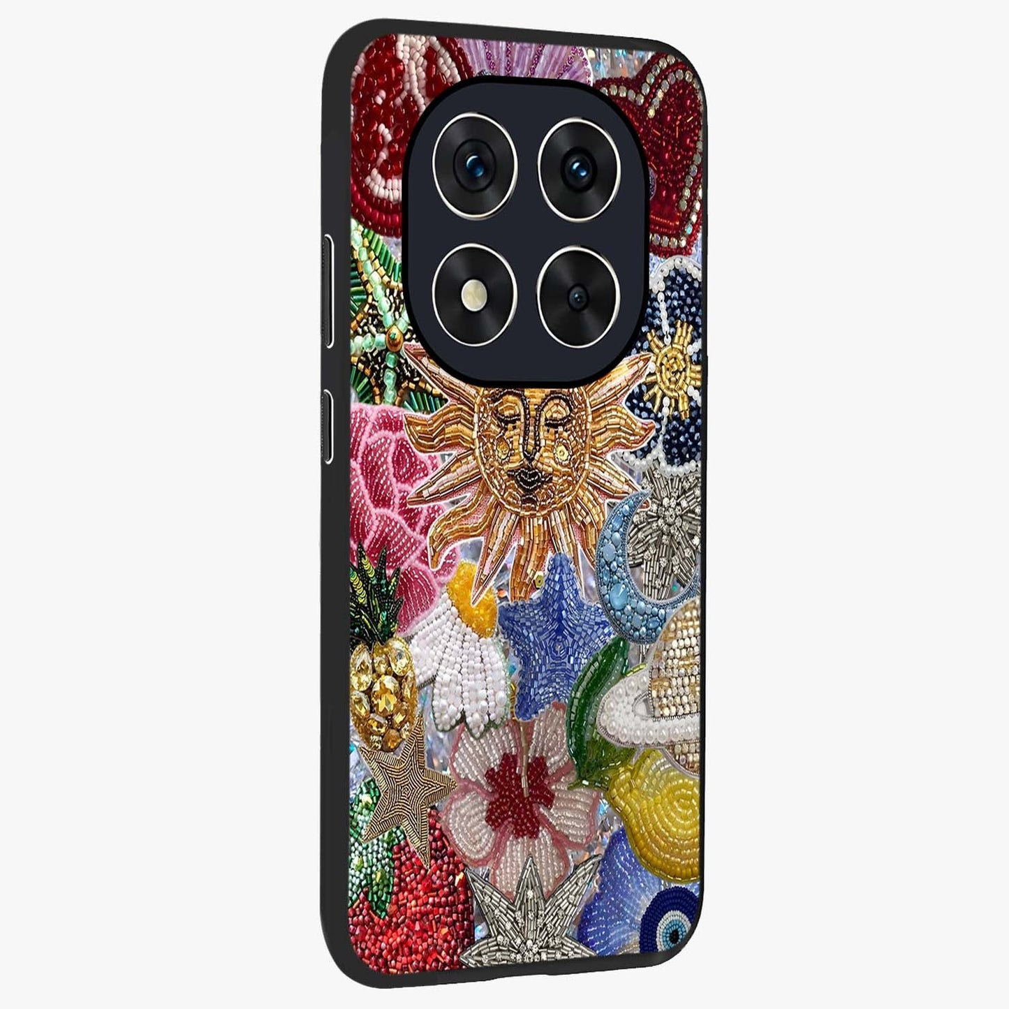 Celestial Floral and Playful Glass Case upright view showcasing whimsical floral artwork with cosmic aesthetic theme.