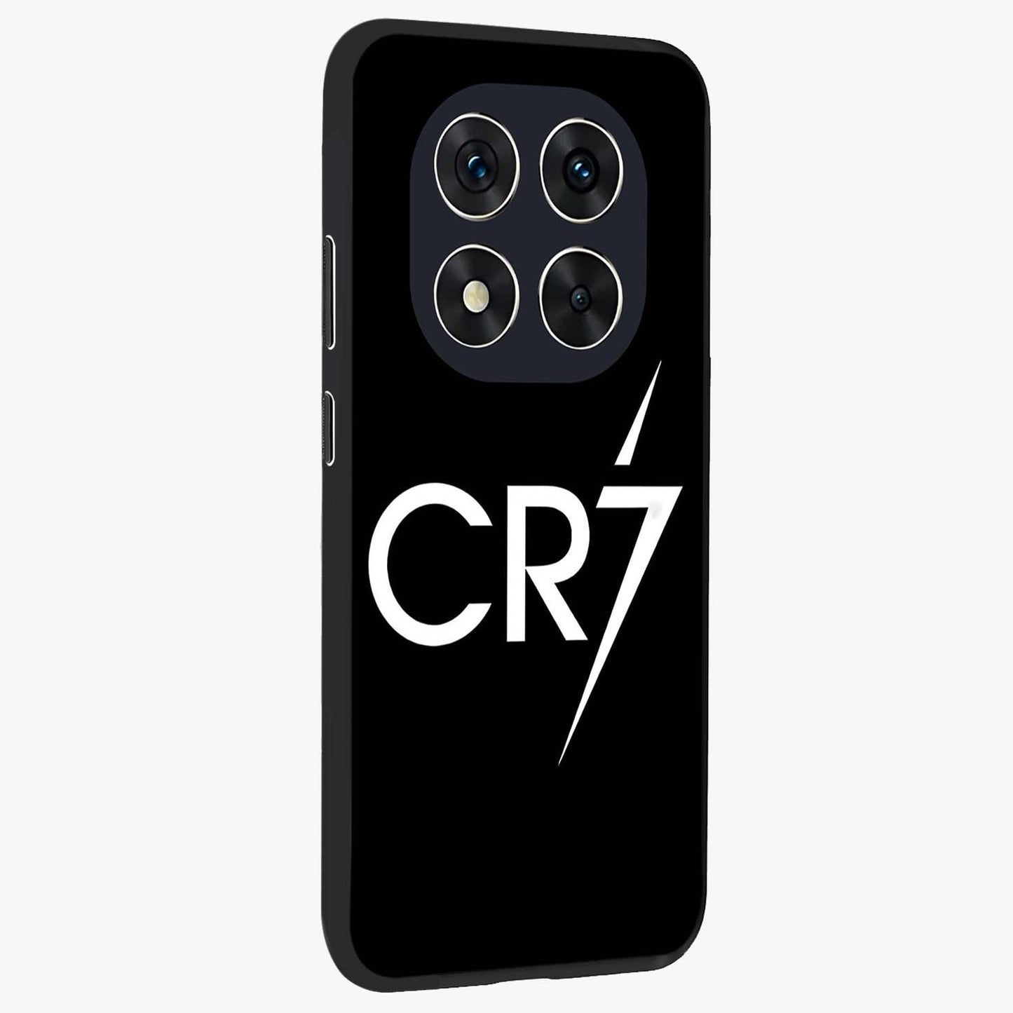 Cr7 Elite Strike Glass Case upright view showcasing energetic football inspired design with modern sports aesthetic.