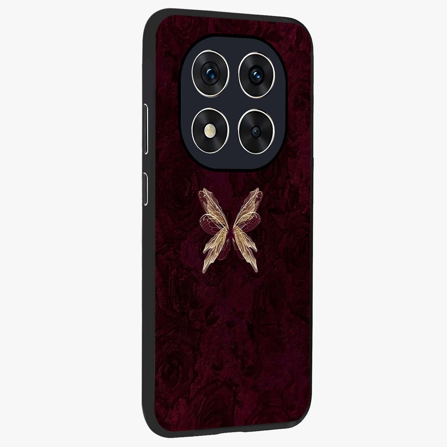 Crimson Fade Butterfly Glass Case upright view showcasing graceful butterfly artwork with soft crimson fade effect.