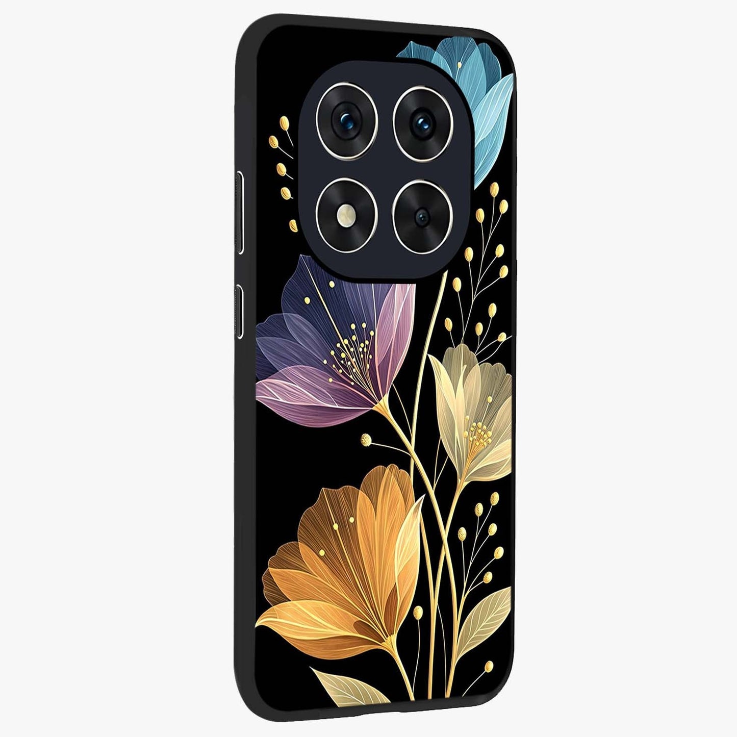 Delicate Multicolor Flowers Glass Case upright view showcasing delicate floral artwork with bright botanical theme.