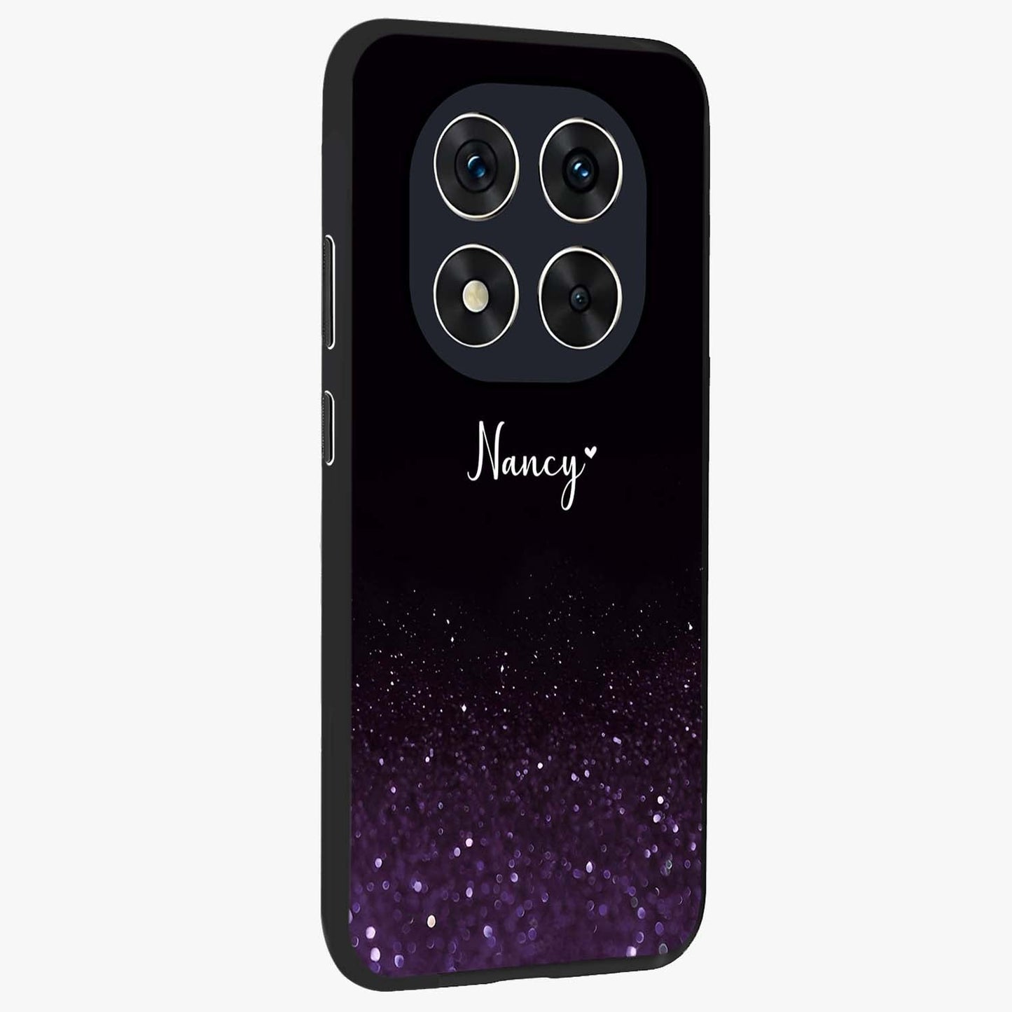 Glittery Purple Bokeh Custom Name Glass Case upright view showcasing vibrant purple sparkle artwork with personalized aesthetic style.