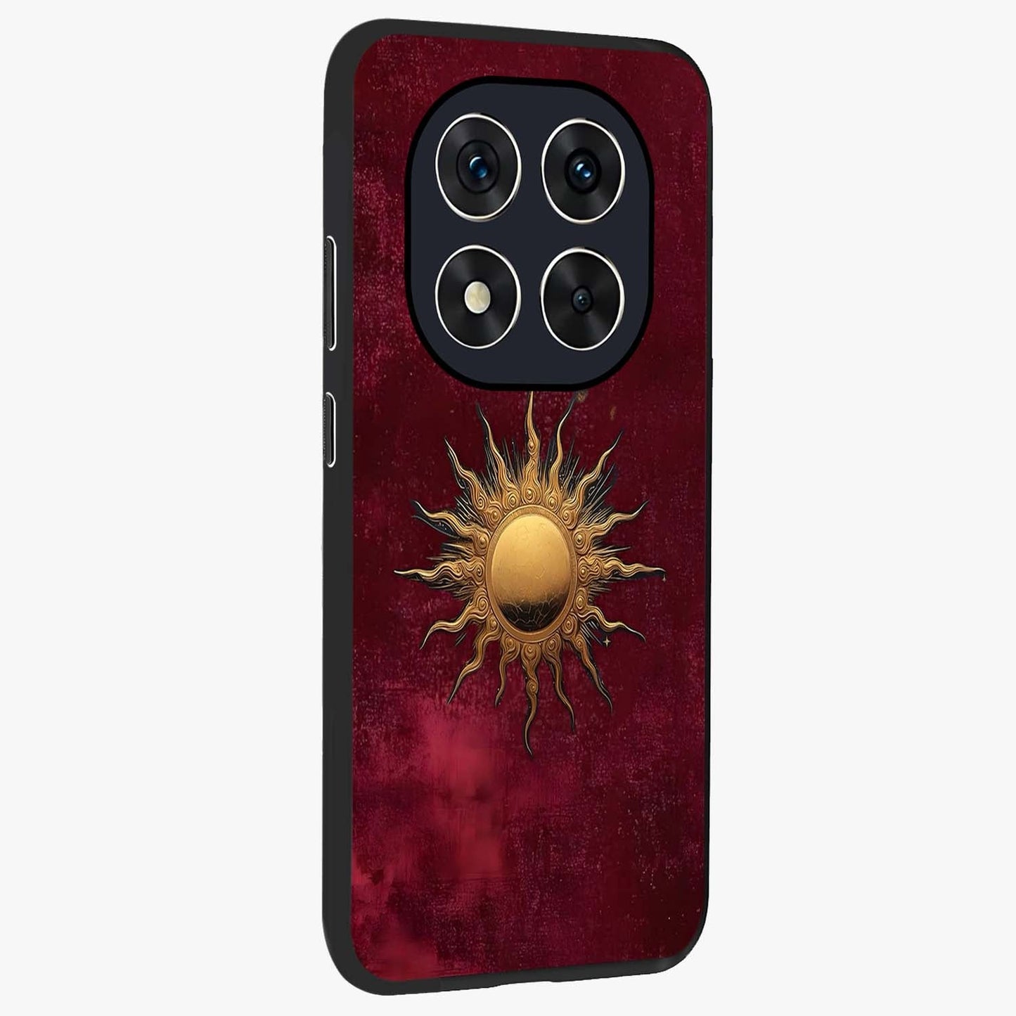 Golden Sun Minimalism Glass Case upright view showcasing simple golden sun artwork with elegant minimalist style.