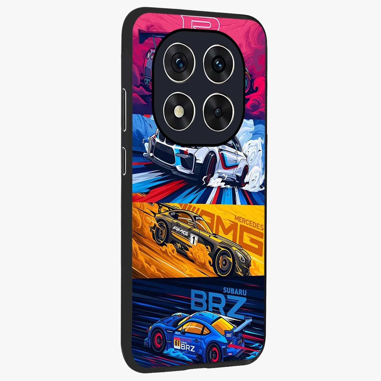 JDM Sports Car Glass Case upright view showcasing dynamic sports car artwork with bold racing theme.
