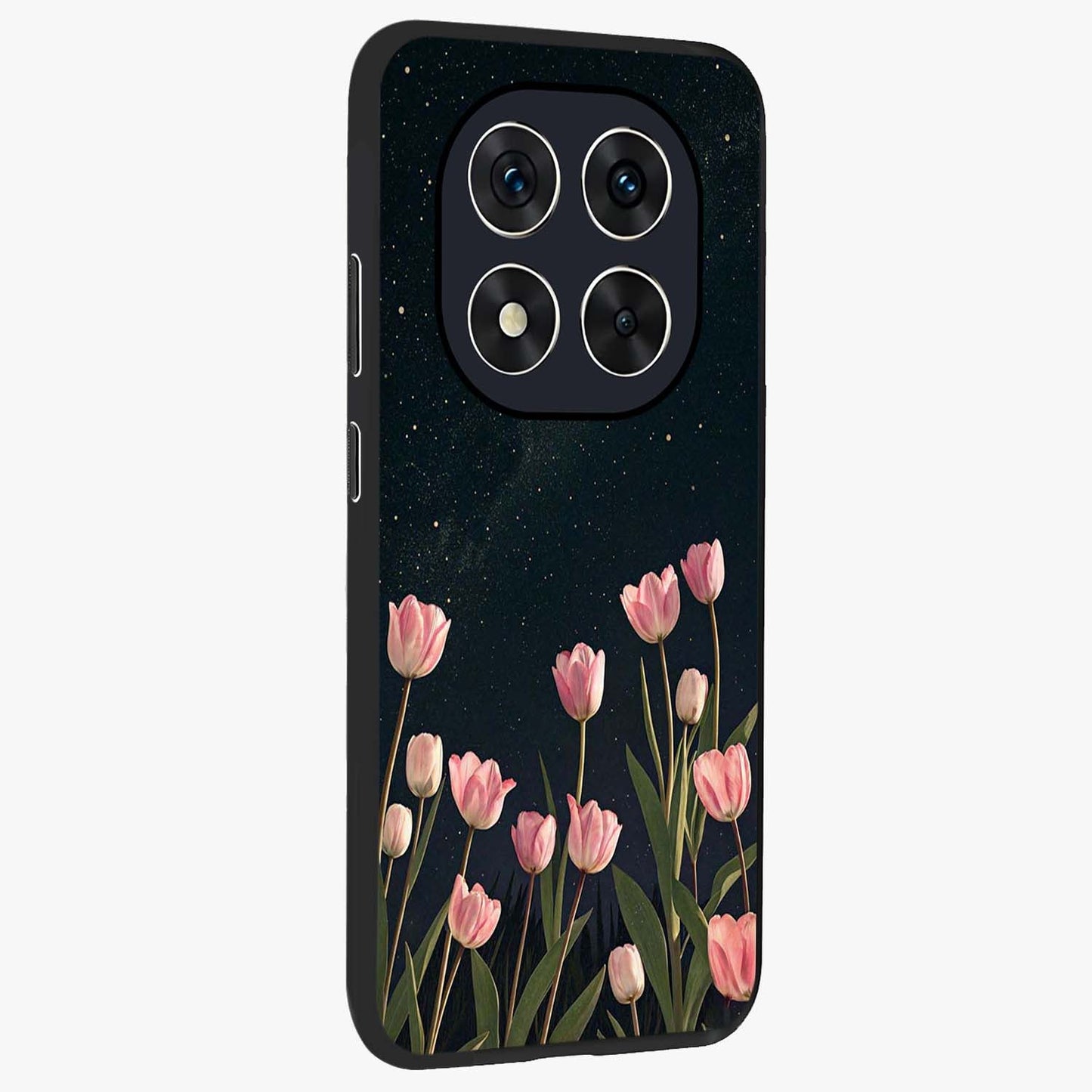 Midnight Tulip Whispers Vibe Glass Case upright view showcasing graceful tulip artwork with calm botanical theme.