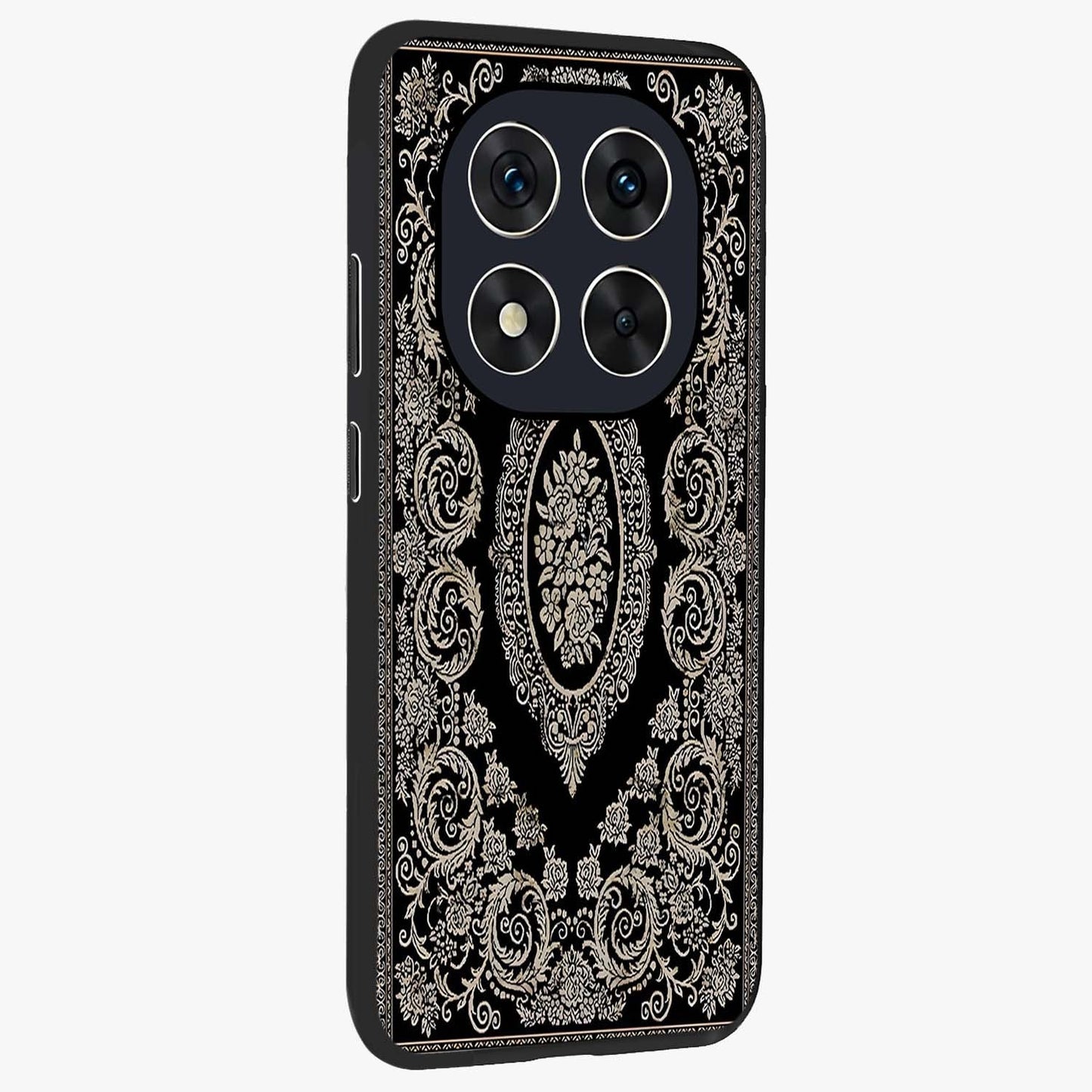 Noir Bloom Elegance Glass Case upright view showcasing graceful floral artwork with luxurious dark theme.