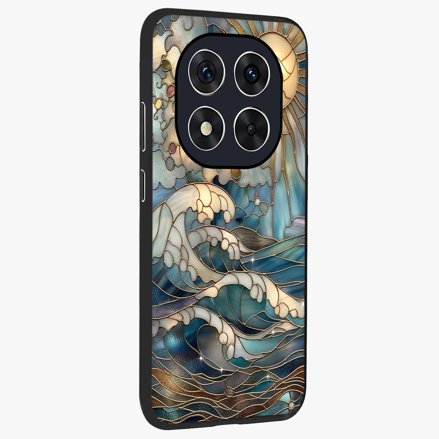 Oceanic Stained Printed Glass Case upright view showcasing decorative ocean pattern artwork with vibrant marine theme.