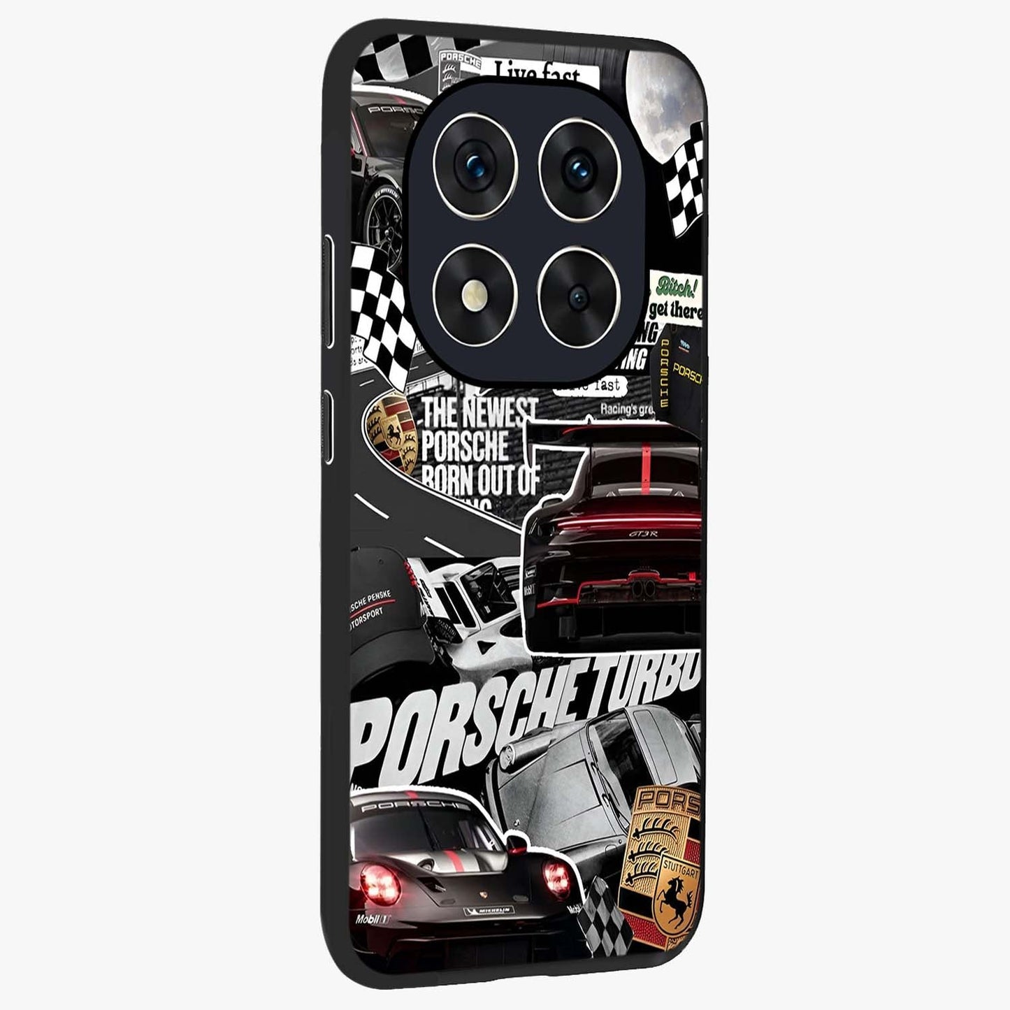 Porsche Racing Collage Glass Case upright view showcasing energetic car collage artwork with high speed racing theme.