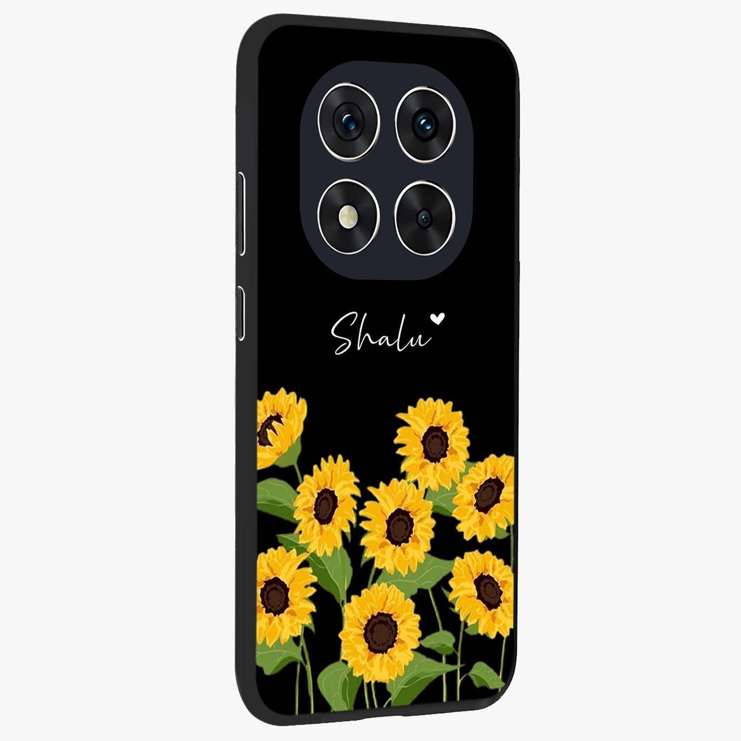 Sunflower Chic Mood Custom Name Glass Case upright view showcasing cheerful sunflower artwork with trendy floral theme.