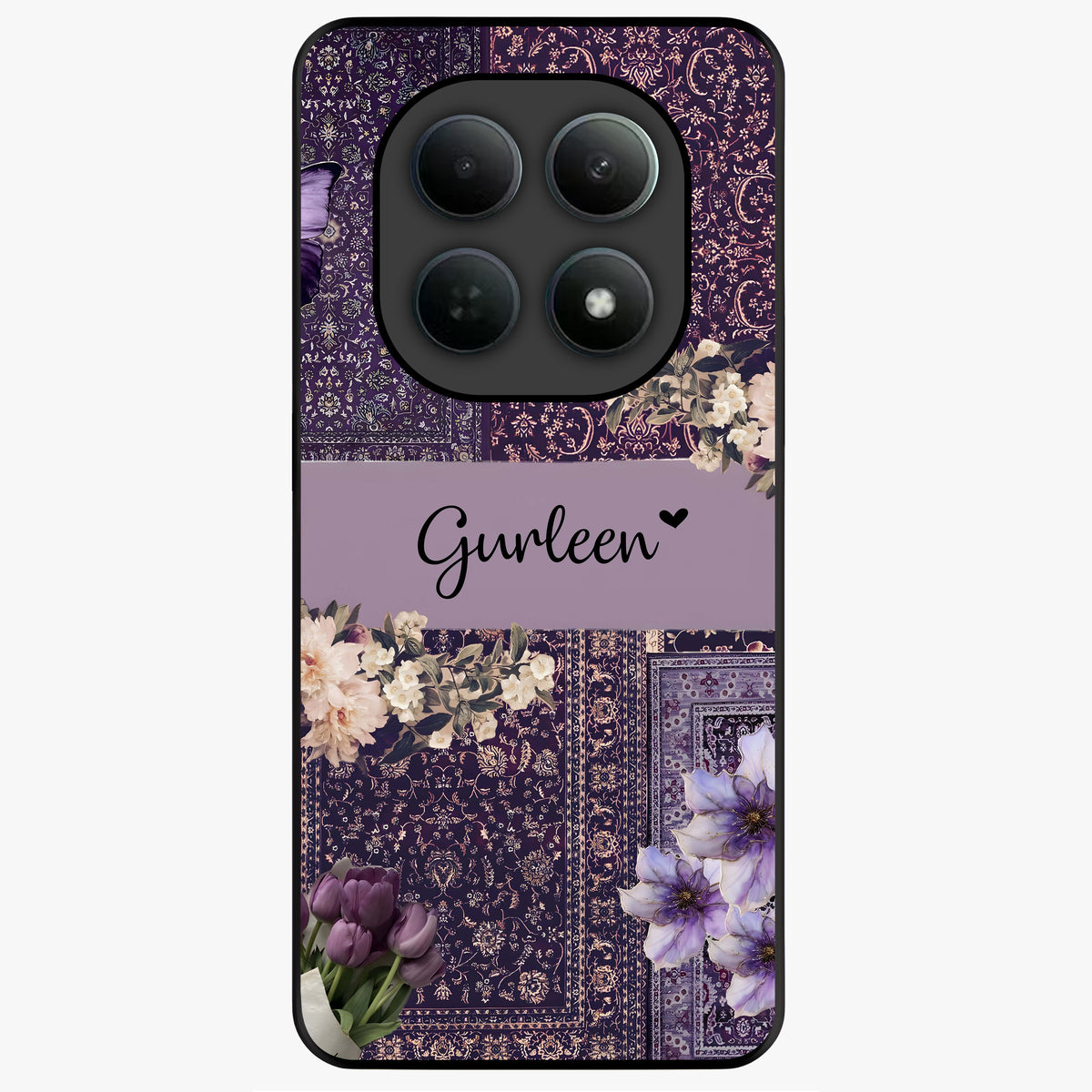 Antique Floral Whisper Custom Name Glass Case showing flat back view with vintage floral artwork and personalized name design.