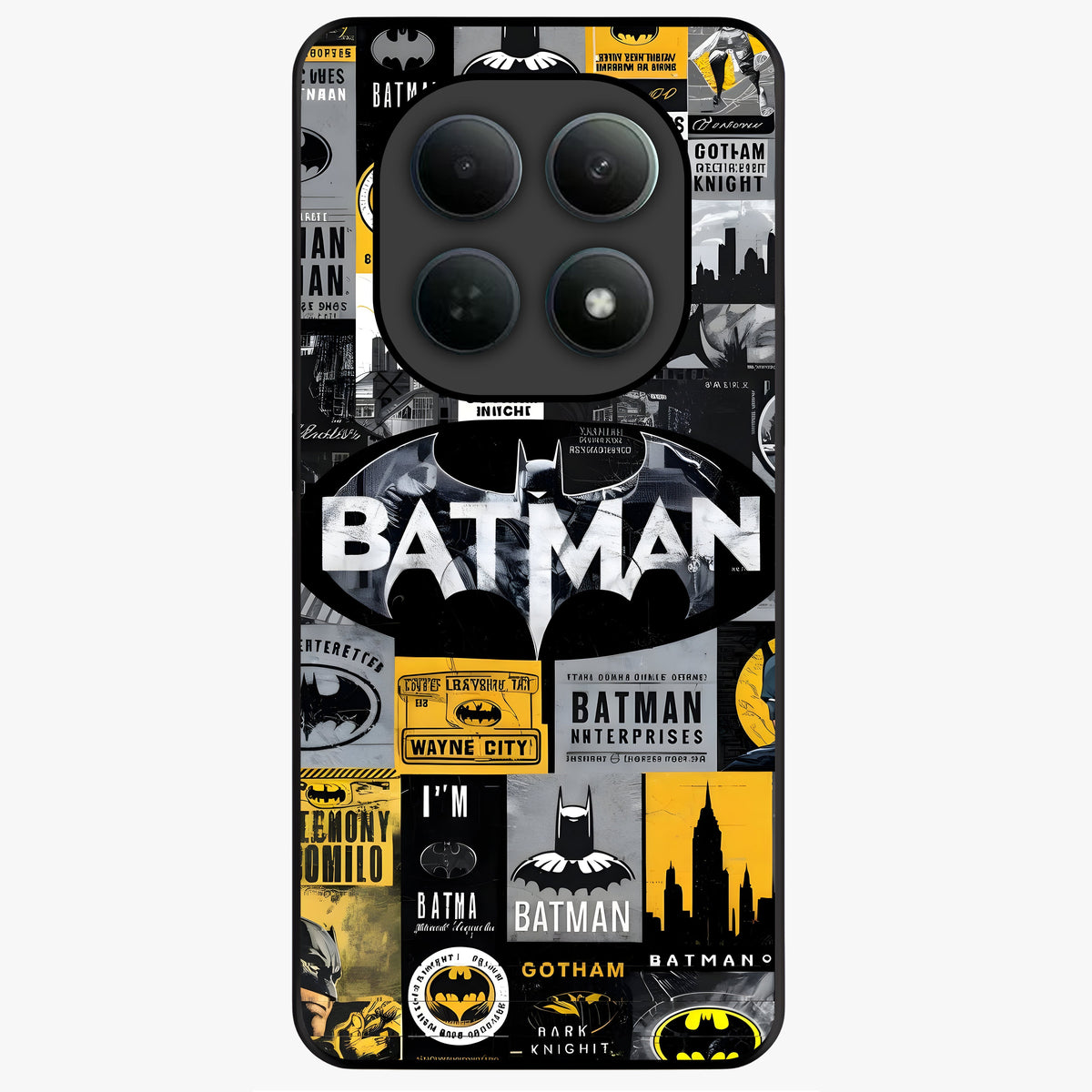 Knight Gotham Rise Glass Case showing flat back view with dark hero inspired artwork and glossy glass finish.
