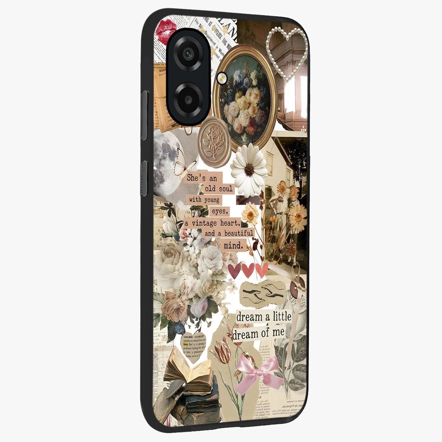 Aesthetic Brown Vintage Collage Glass Case upright view showcasing nostalgic retro artwork with stylish vintage theme.