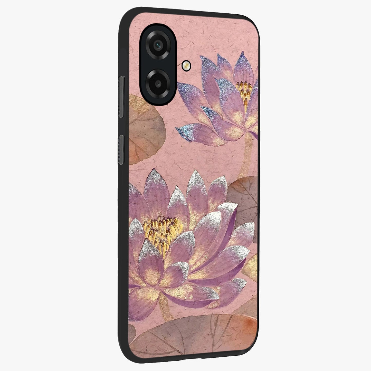 Blossom Mist Lotus Glass Case upright view showcasing graceful lotus flower design with peaceful botanical style.