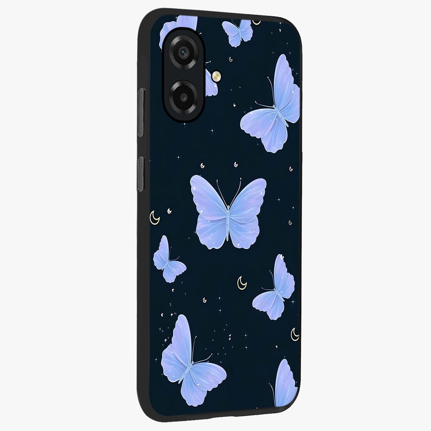Butterfly With Stars Pattern Glass Case upright view showcasing celestial butterfly artwork with sparkling star elements.