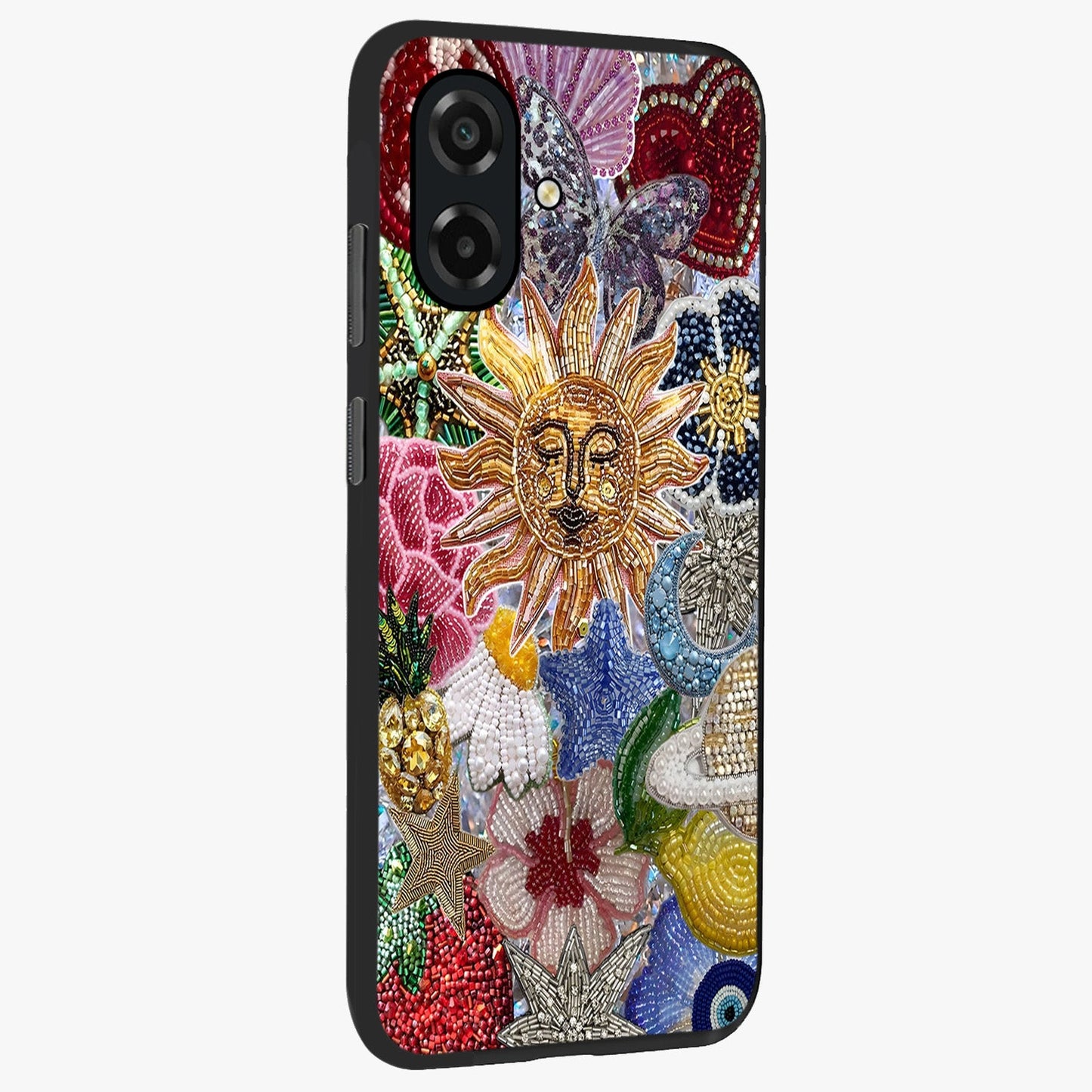 Celestial Floral and Playful Glass Case upright view showcasing whimsical floral artwork with cosmic aesthetic theme.