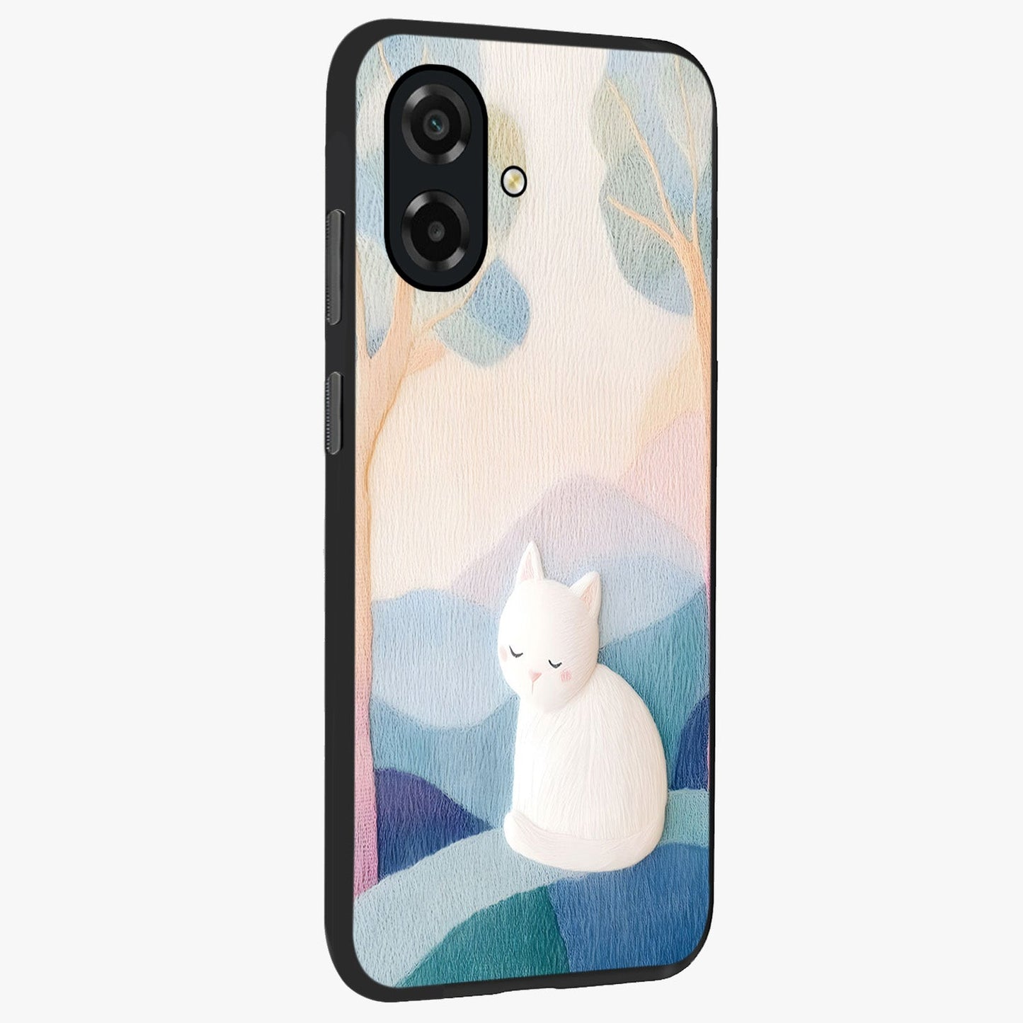 Cotton Dream Cat Glass Case upright view showcasing charming cat artwork with cozy dreamy theme.