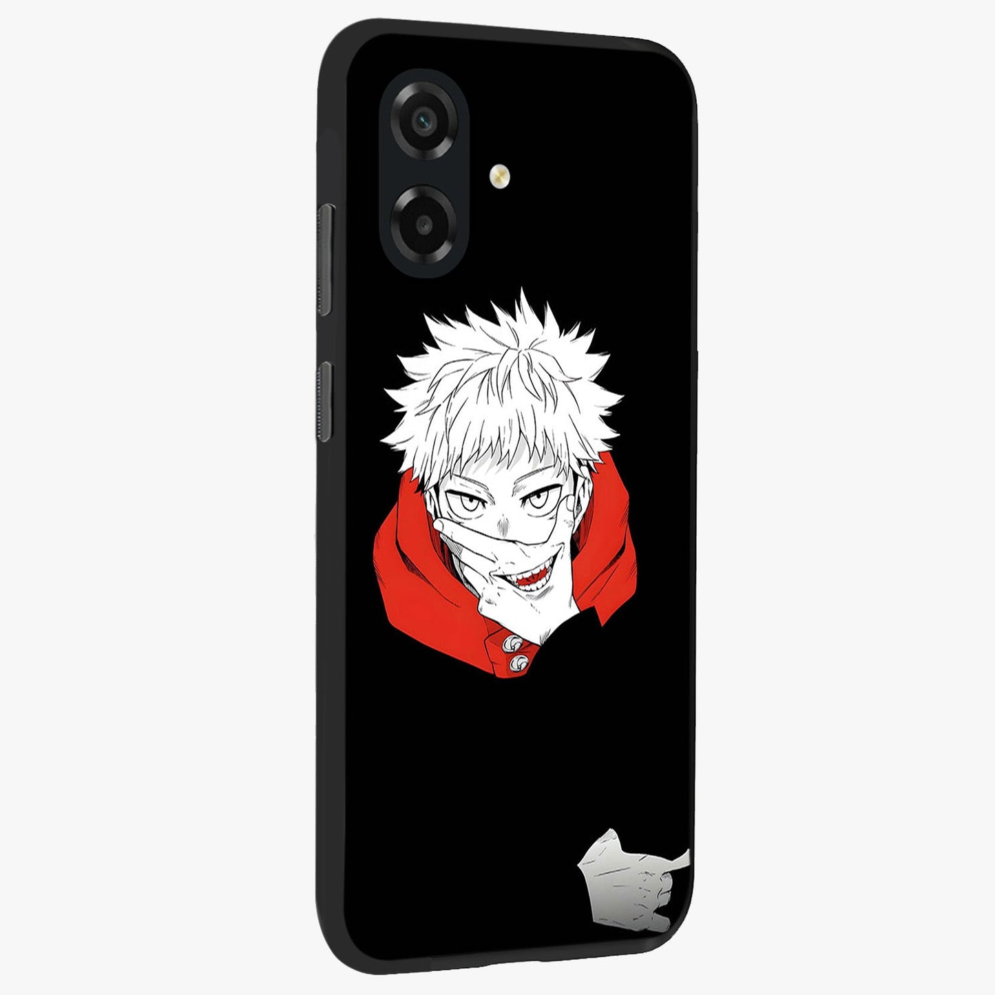 Crimson Chaos Smile Glass Case upright view showcasing expressive chaotic artwork with striking visual theme.