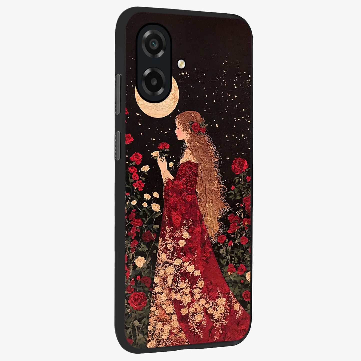 Crimson Dreams Glass Case upright view showcasing dreamy red toned artwork with modern aesthetic style.