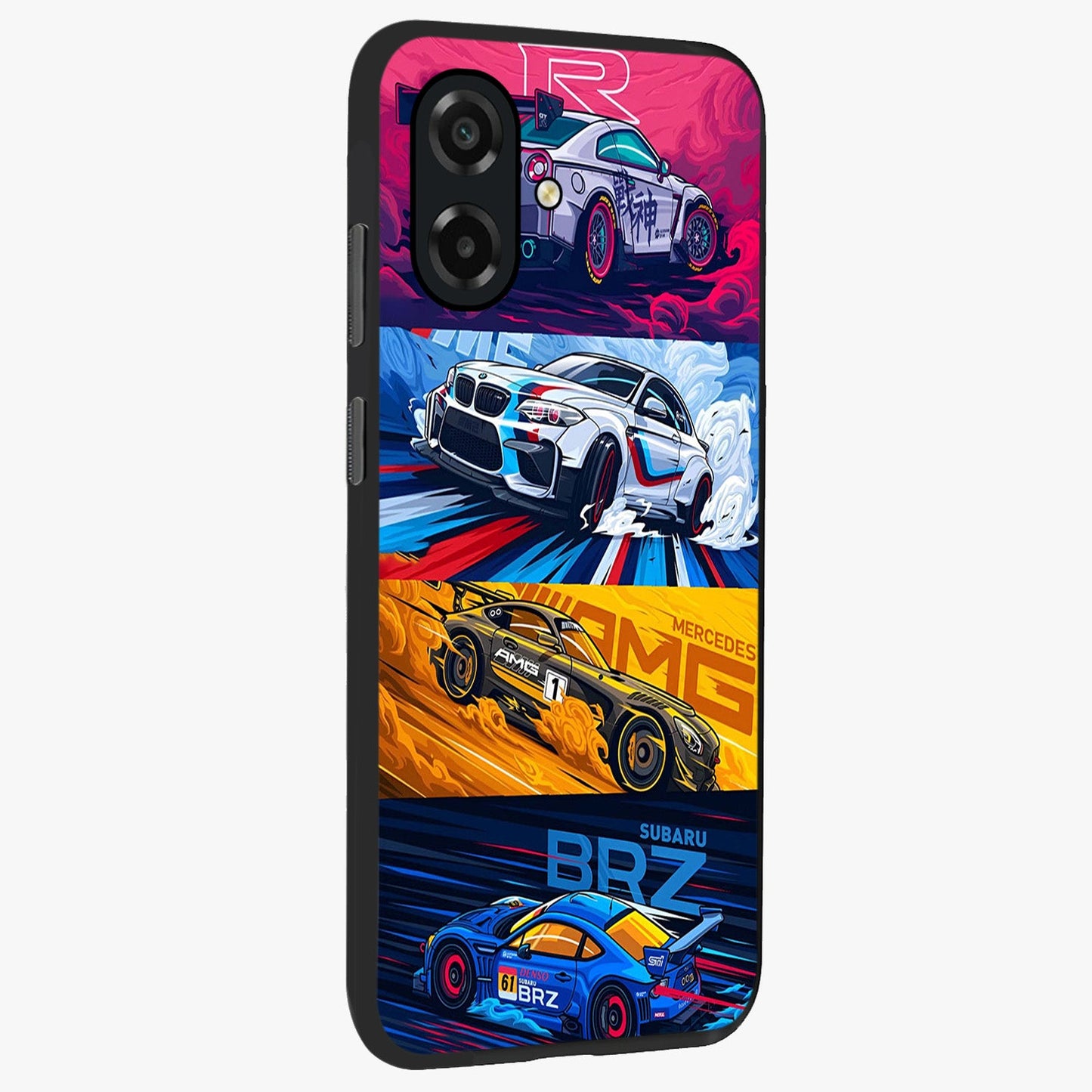 JDM Sports Car Glass Case upright view showcasing dynamic sports car artwork with bold racing theme.