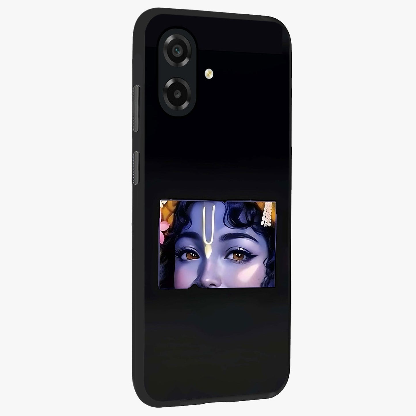 Krishna Divine Embrace Glass Case upright view showcasing sacred Krishna artwork with peaceful devotional theme.