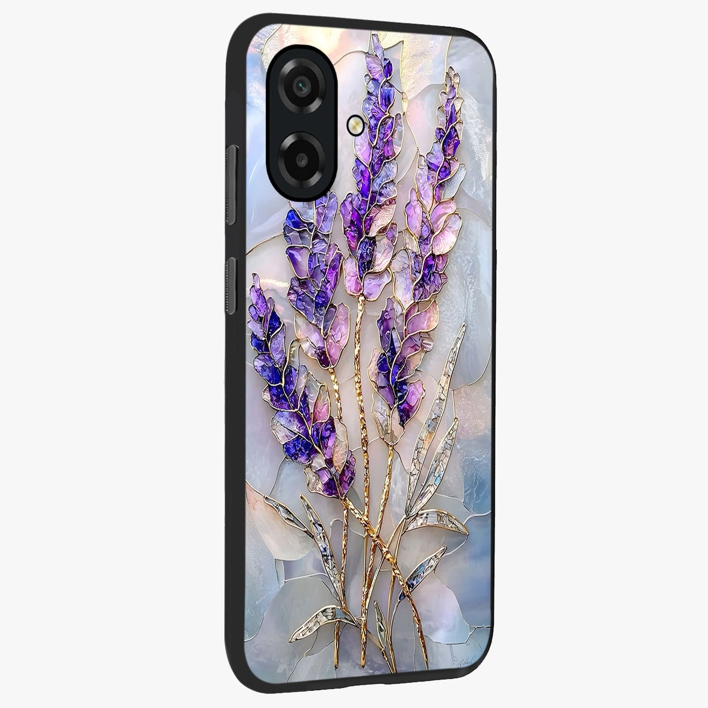 Lavender Dream Glow Glass Case upright view showcasing radiant lavender glow artwork with calming dreamy theme.