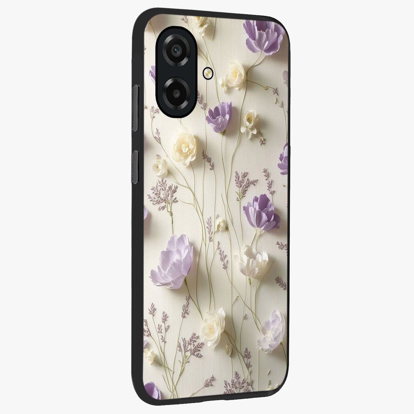 Lilac Breeze Harmony Glass Case upright view showcasing delicate lilac artwork with peaceful floral theme.
