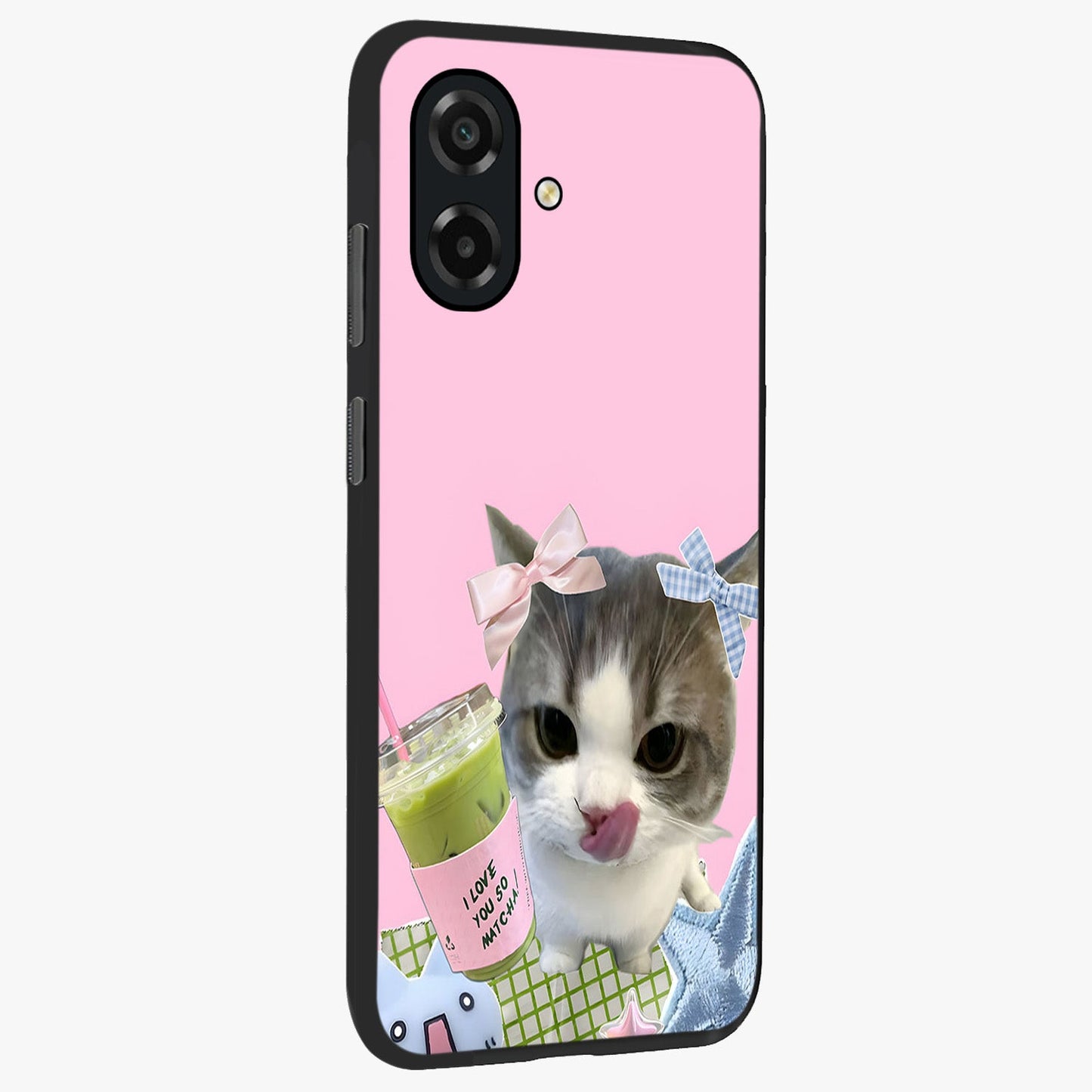 Love Matcha Cat Glass Case upright view showcasing adorable cat artwork with charming matcha themed design.
