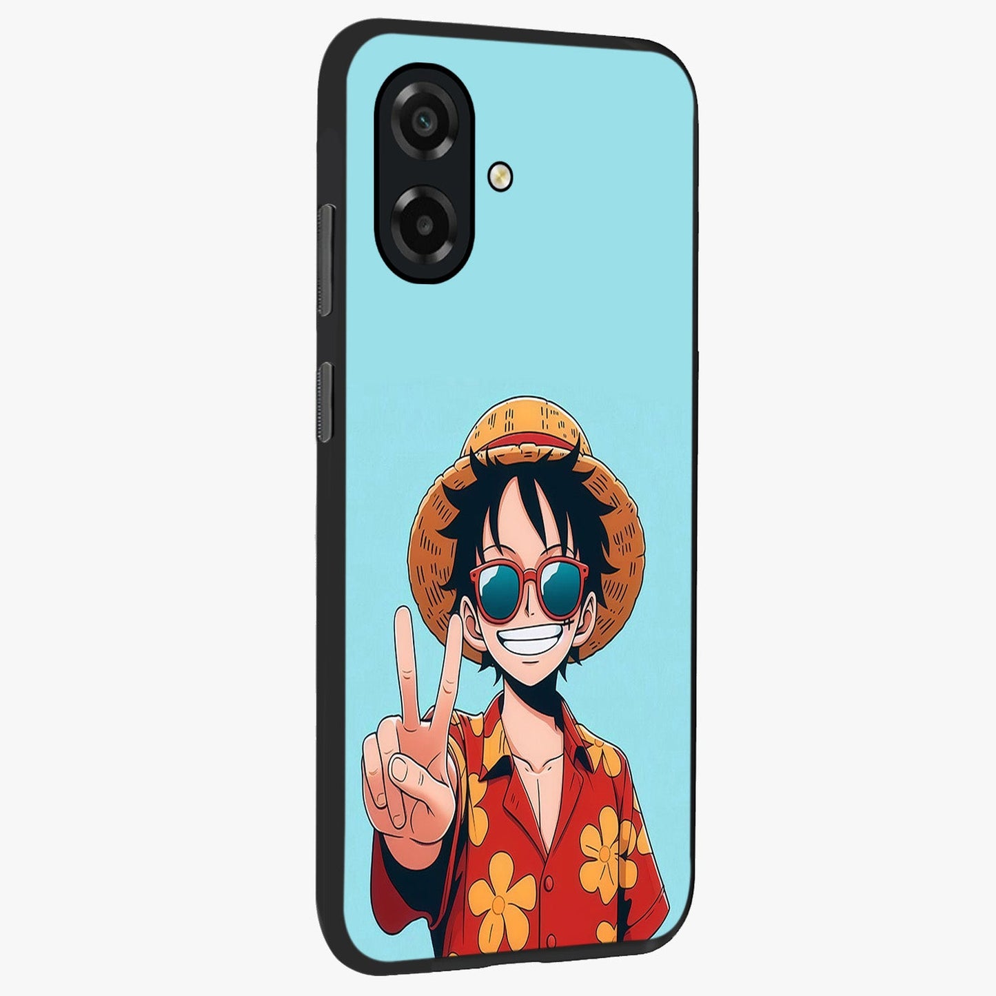 Luffy Summer Anime Vibe Glass Case upright view showcasing dynamic anime artwork with bright adventurous theme.