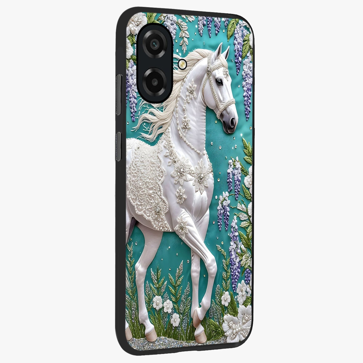 Majestic Floral Stallion Glass Case upright view showcasing dramatic horse artwork with decorative floral theme.