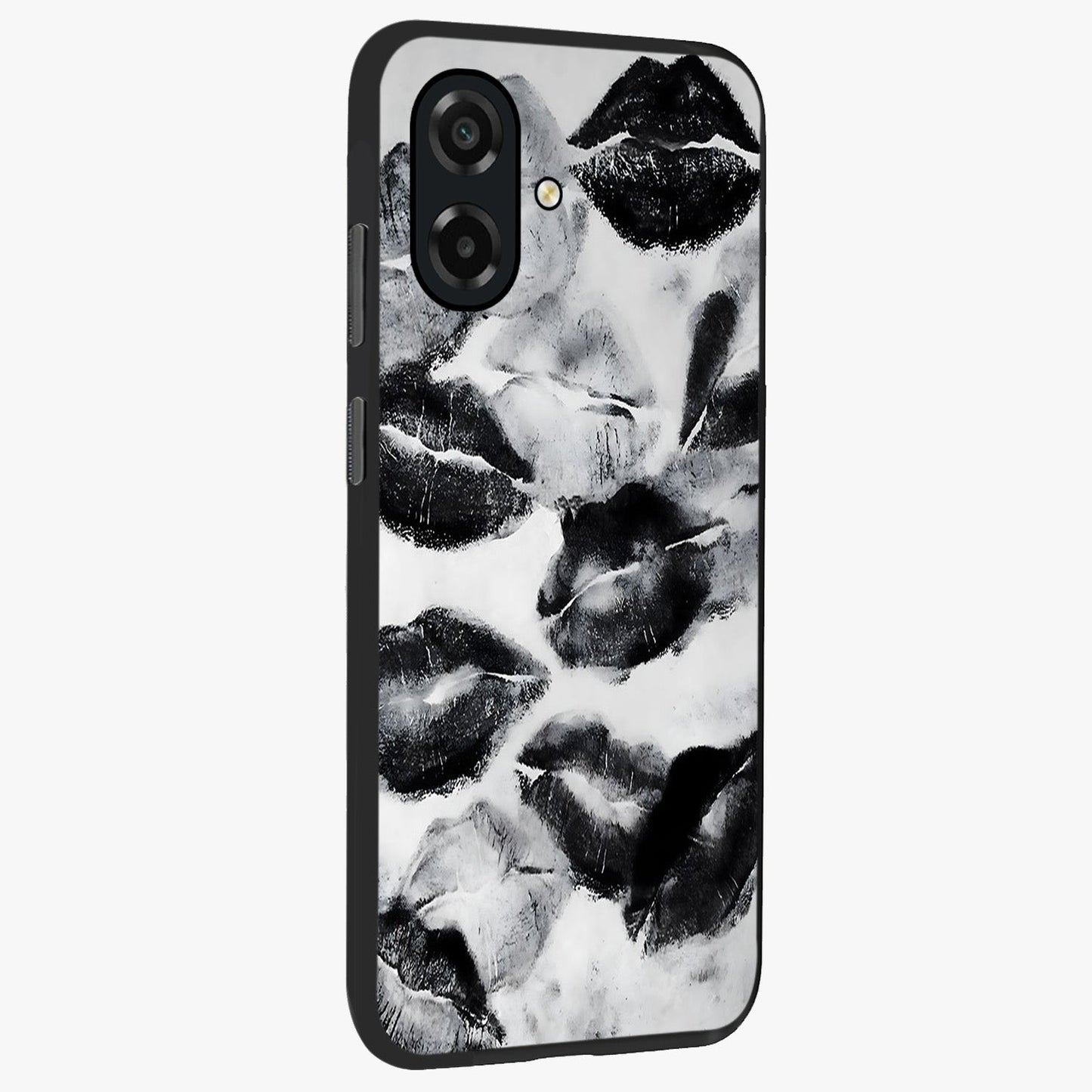 Midnight Kiss Marks Glass Case upright view showcasing stylish kiss mark artwork with trendy romantic theme.