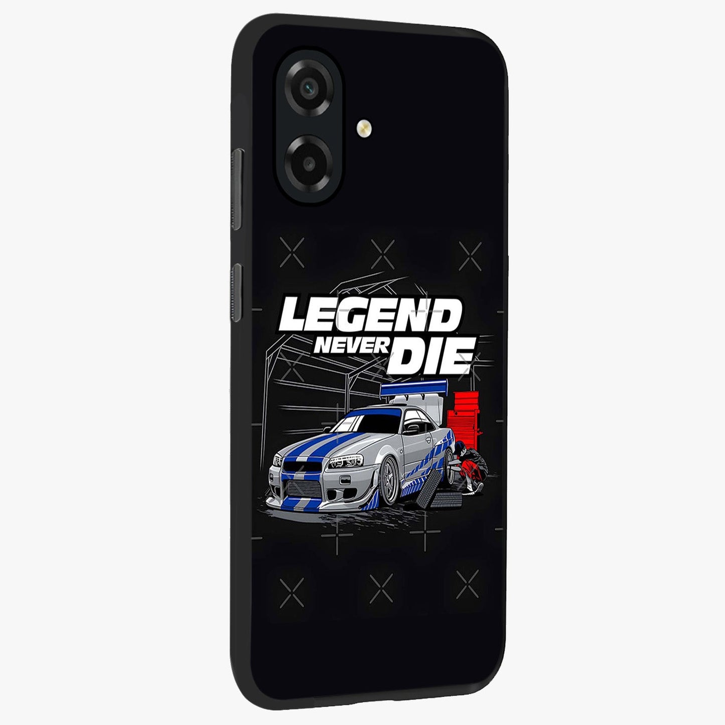 Midnight Racing Legacy Glass Case upright view showcasing powerful racing artwork with modern sports theme.