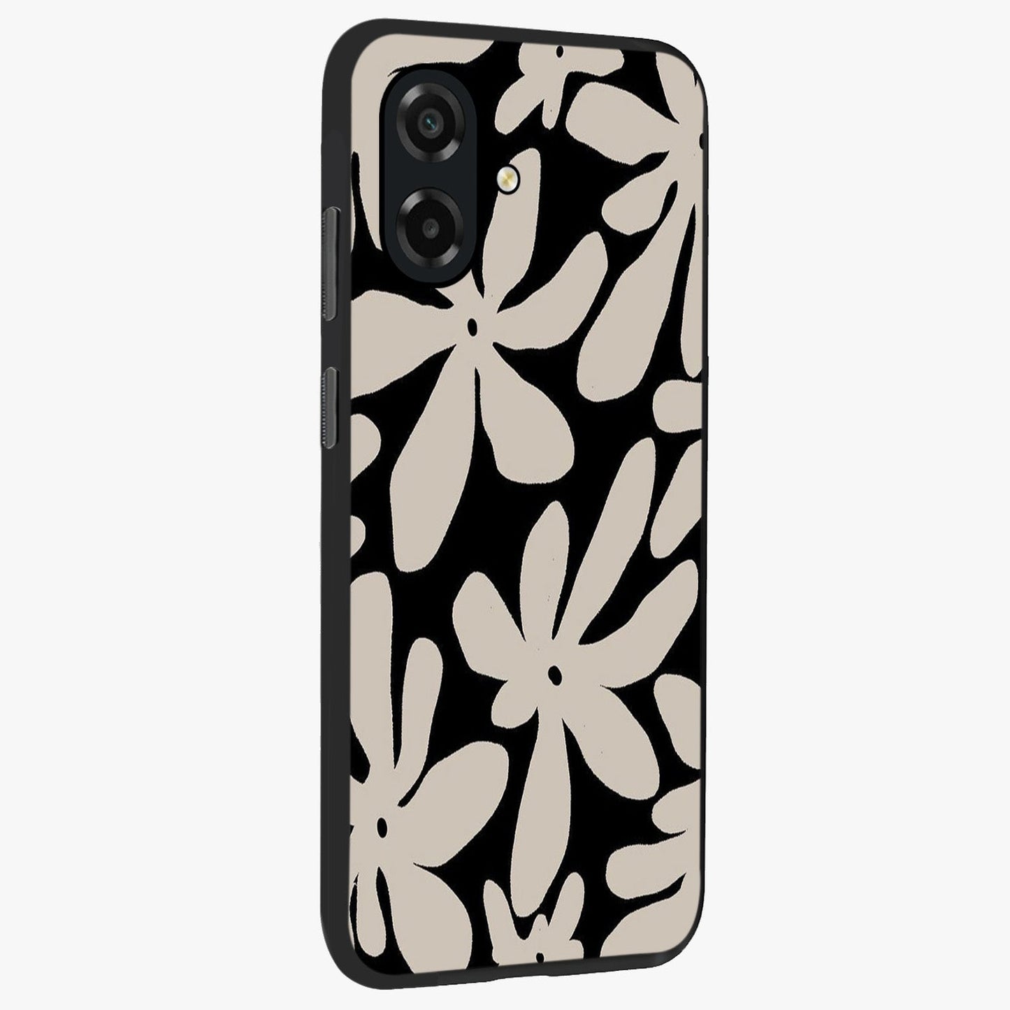 Monochrome Petal Dance Glass Case upright view showcasing artistic floral pattern with stylish monochrome theme.