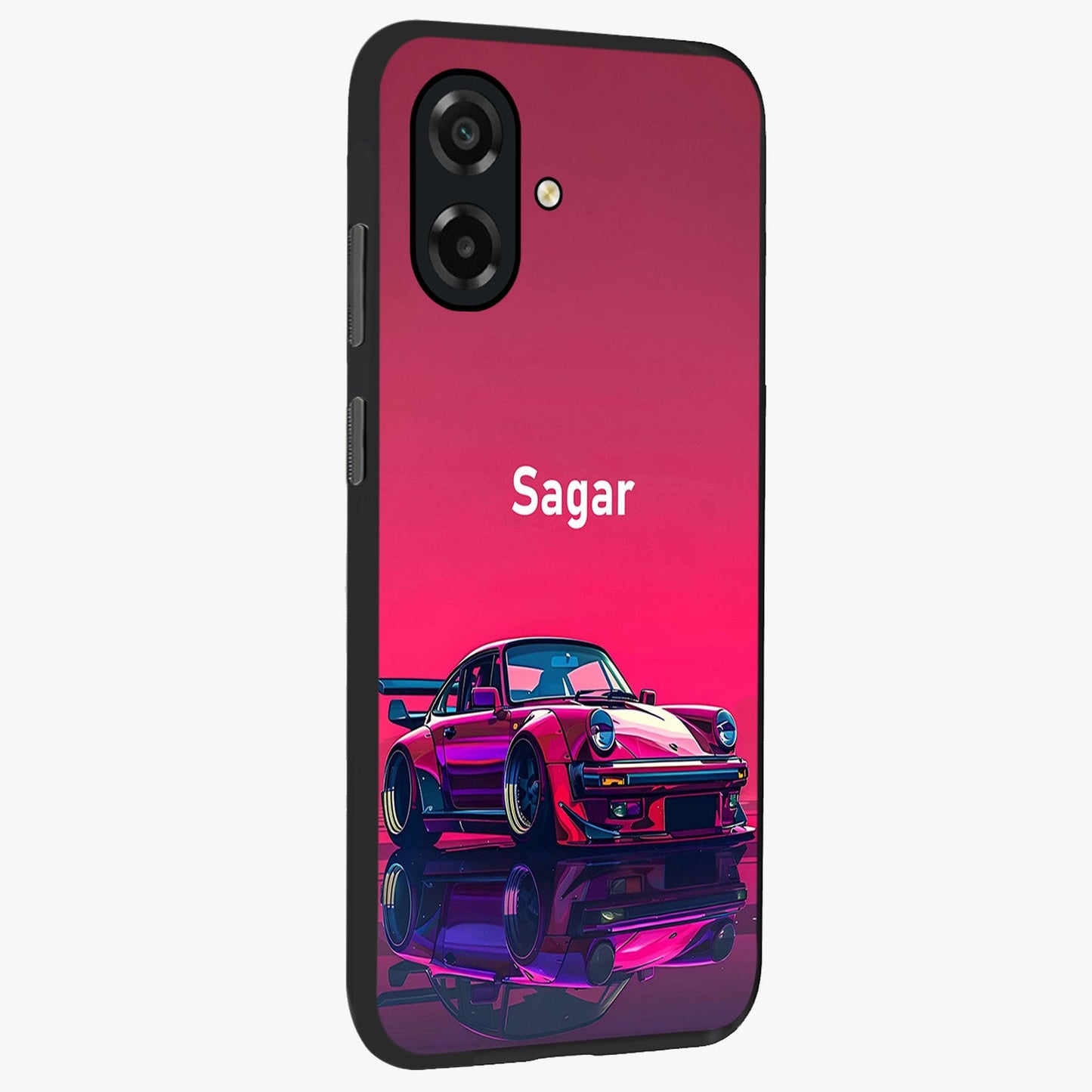 Neon Pink Porsche Glass Case upright view showcasing vibrant sports car artwork with bold automotive theme.