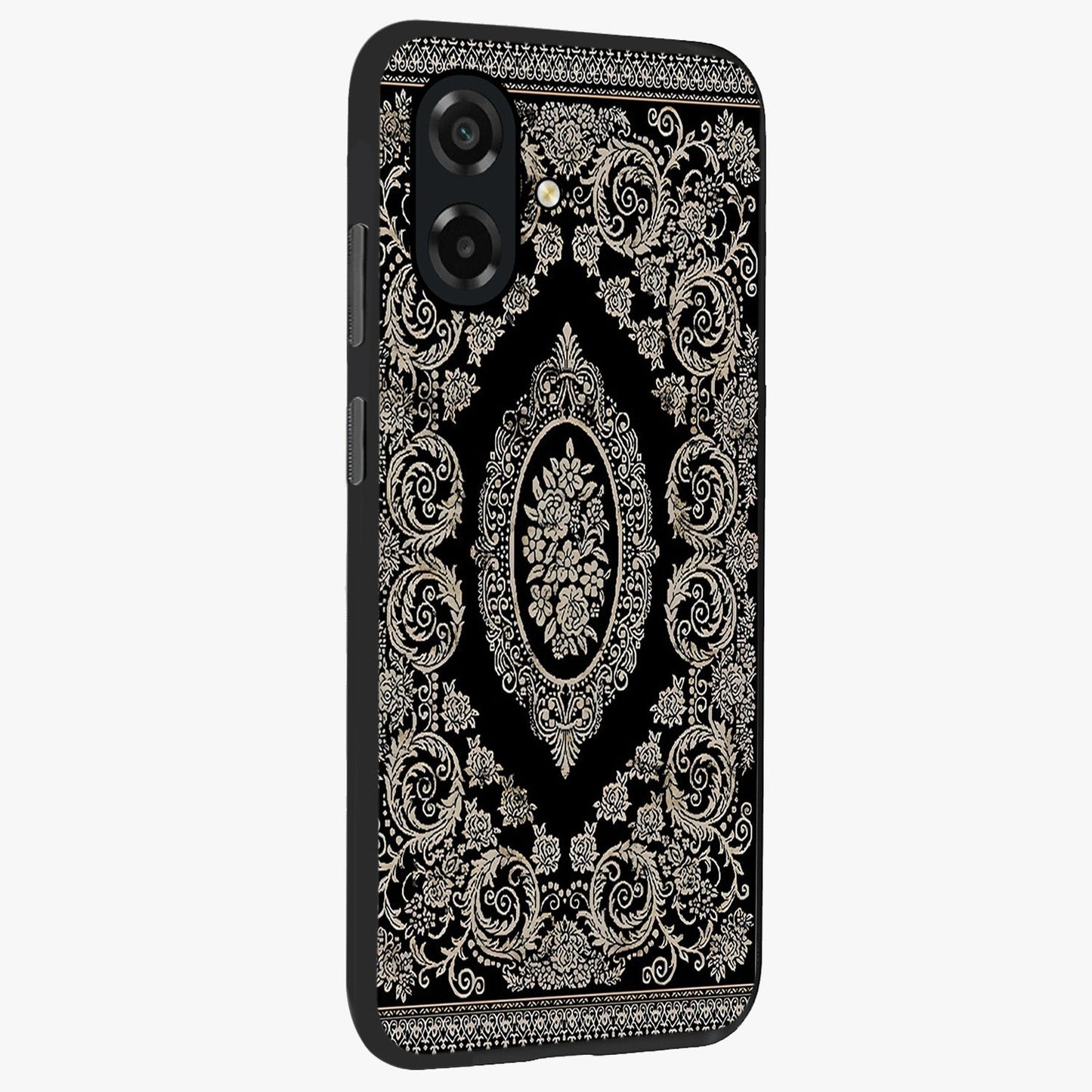 Noir Bloom Elegance Glass Case upright view showcasing graceful floral artwork with luxurious dark theme.