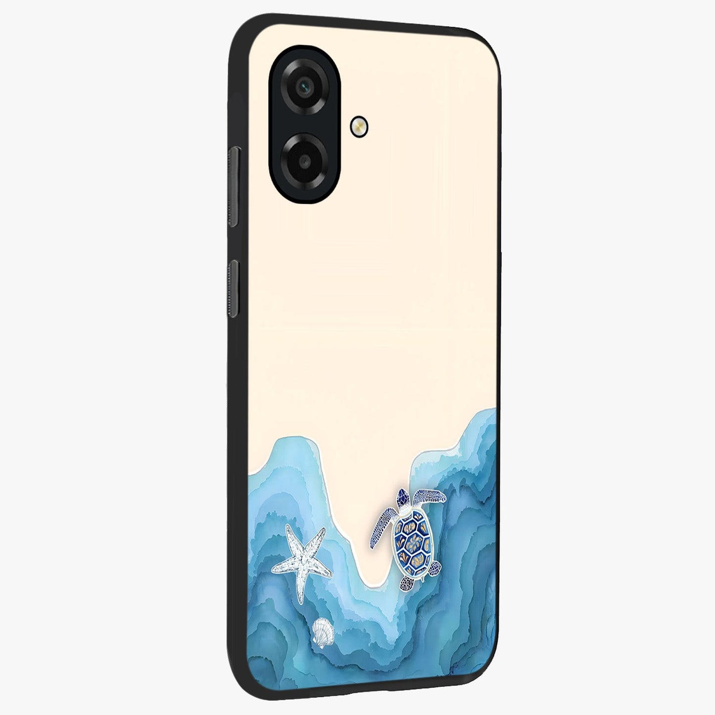 Ocean Drift Turtle Glass Case upright view showcasing calm underwater turtle artwork with nature inspired theme.
