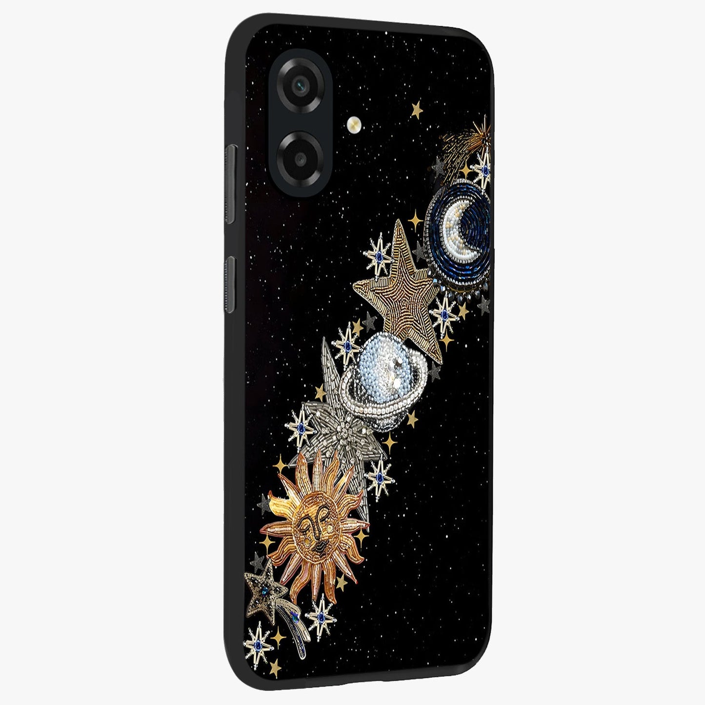 Pearls Universe Object Glass Case upright view showcasing decorative pearl themed artwork with cosmic elegance.