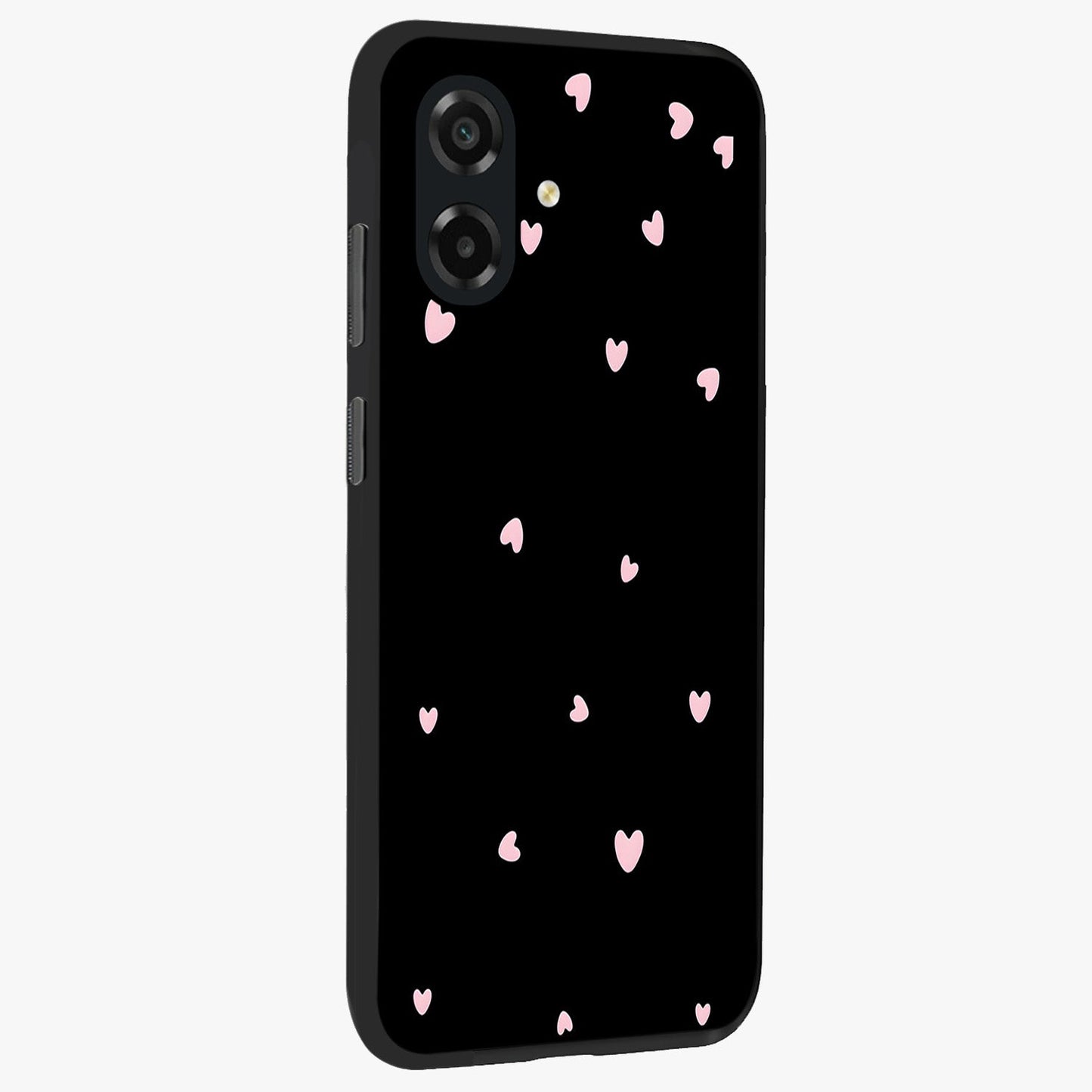 Pink Love Drops Glass Case upright view showcasing charming heart drop artwork with romantic playful theme.