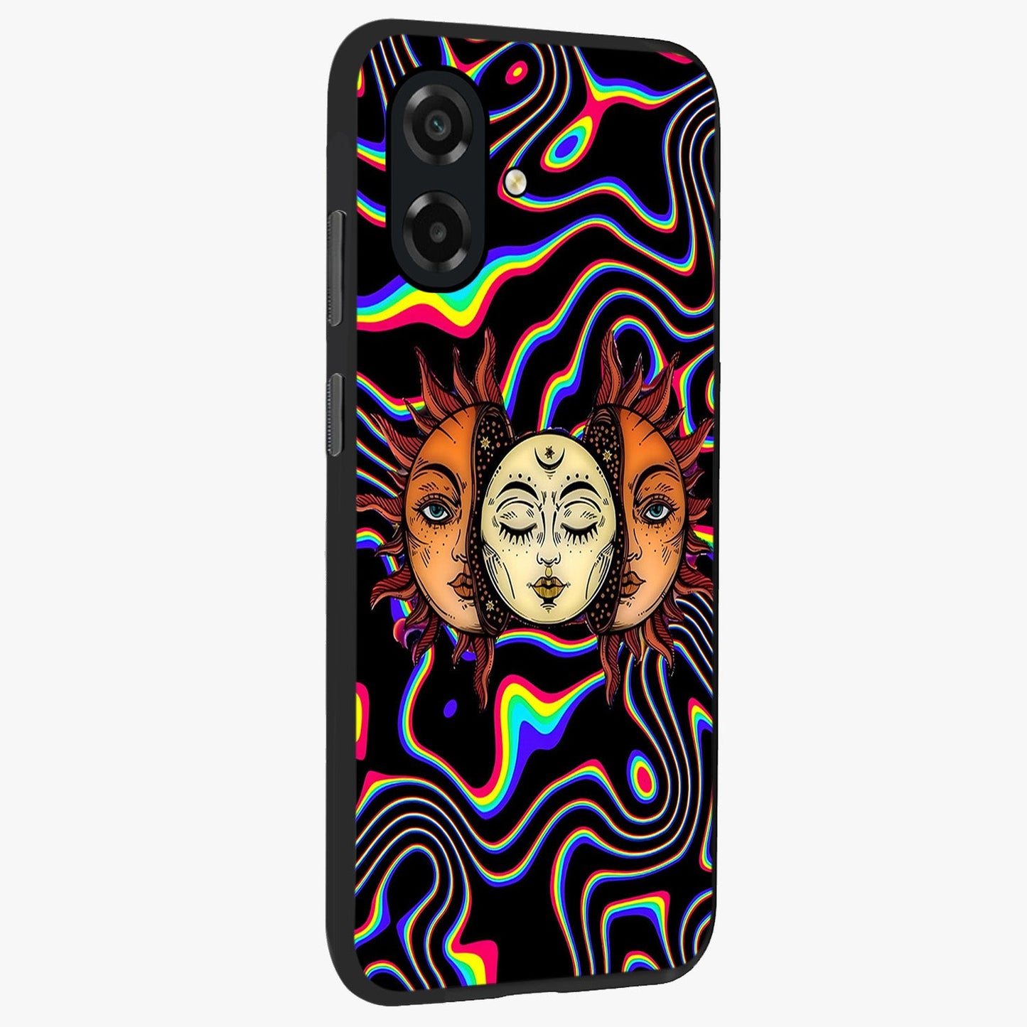 Psychedelic Sun Glass Case upright view showcasing trippy sun artwork with bold psychedelic theme.