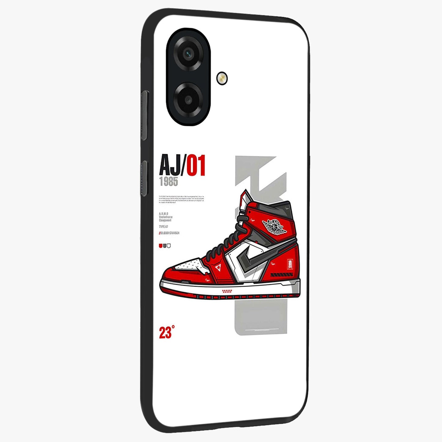 Retro Sneaker Blueprint Glass Case upright view showcasing stylish sneaker illustration with vintage streetwear theme.