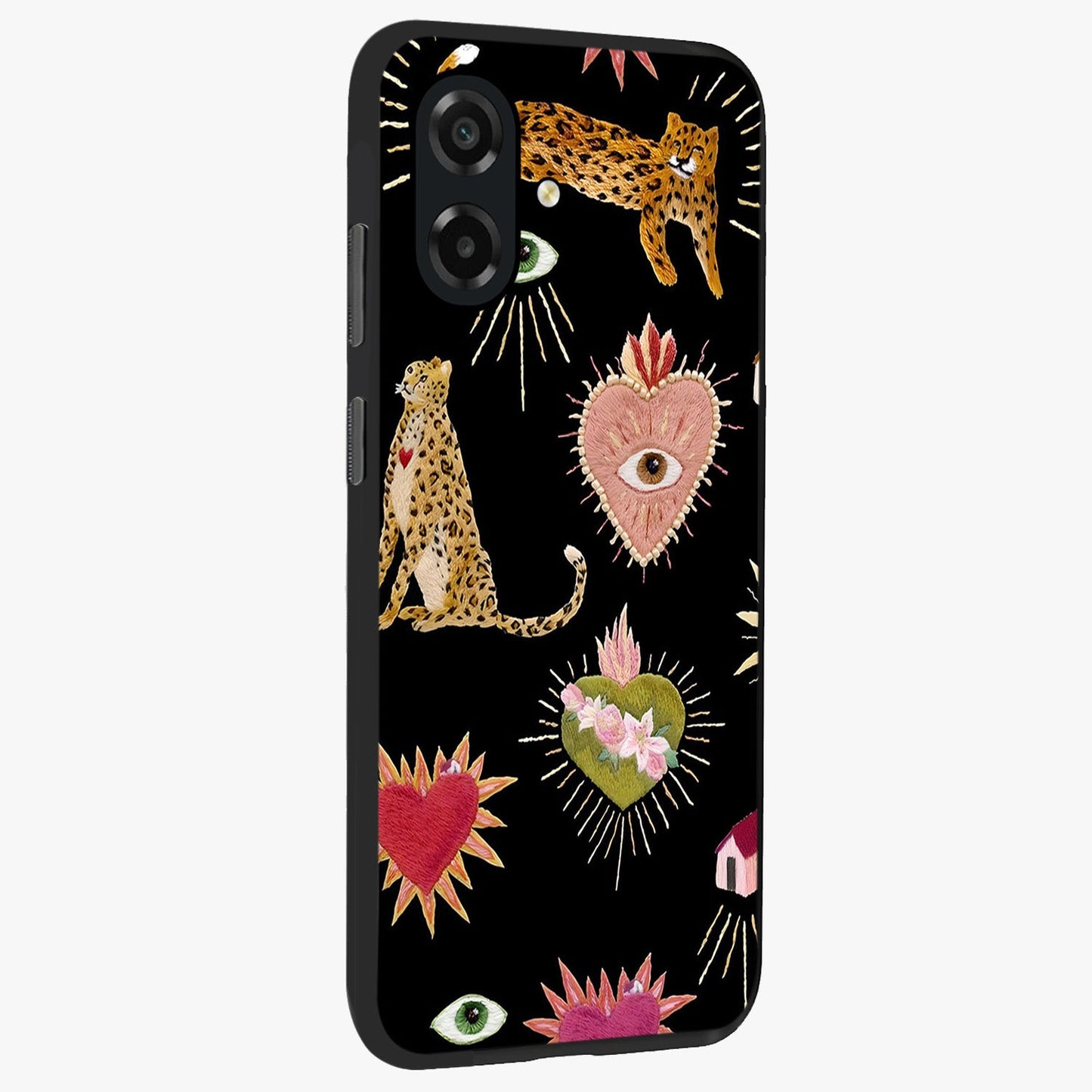 Sacred Jungle Heart Glass Case upright view showcasing vibrant jungle artwork with symbolic heart theme.