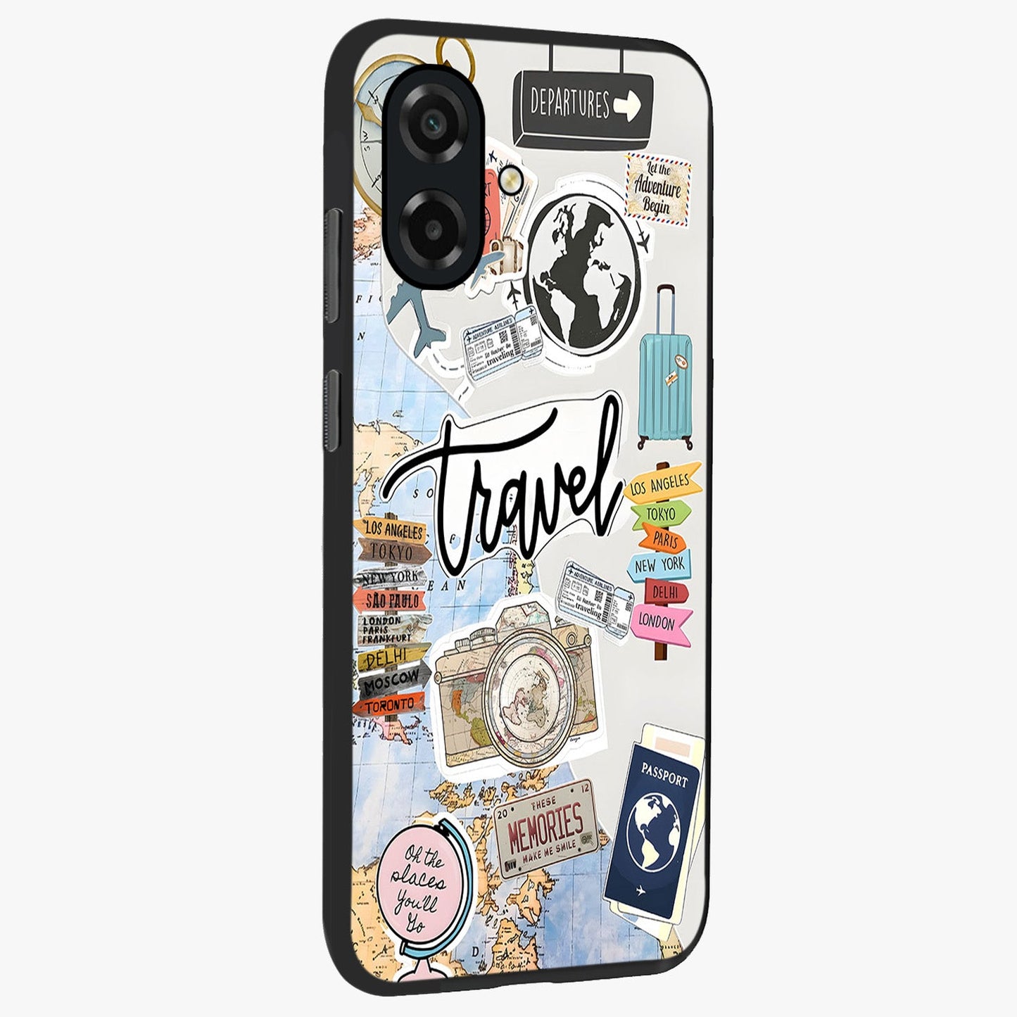 Wanderlust Journal Glass Case upright view showcasing wanderlust inspired artwork with creative exploration theme.
