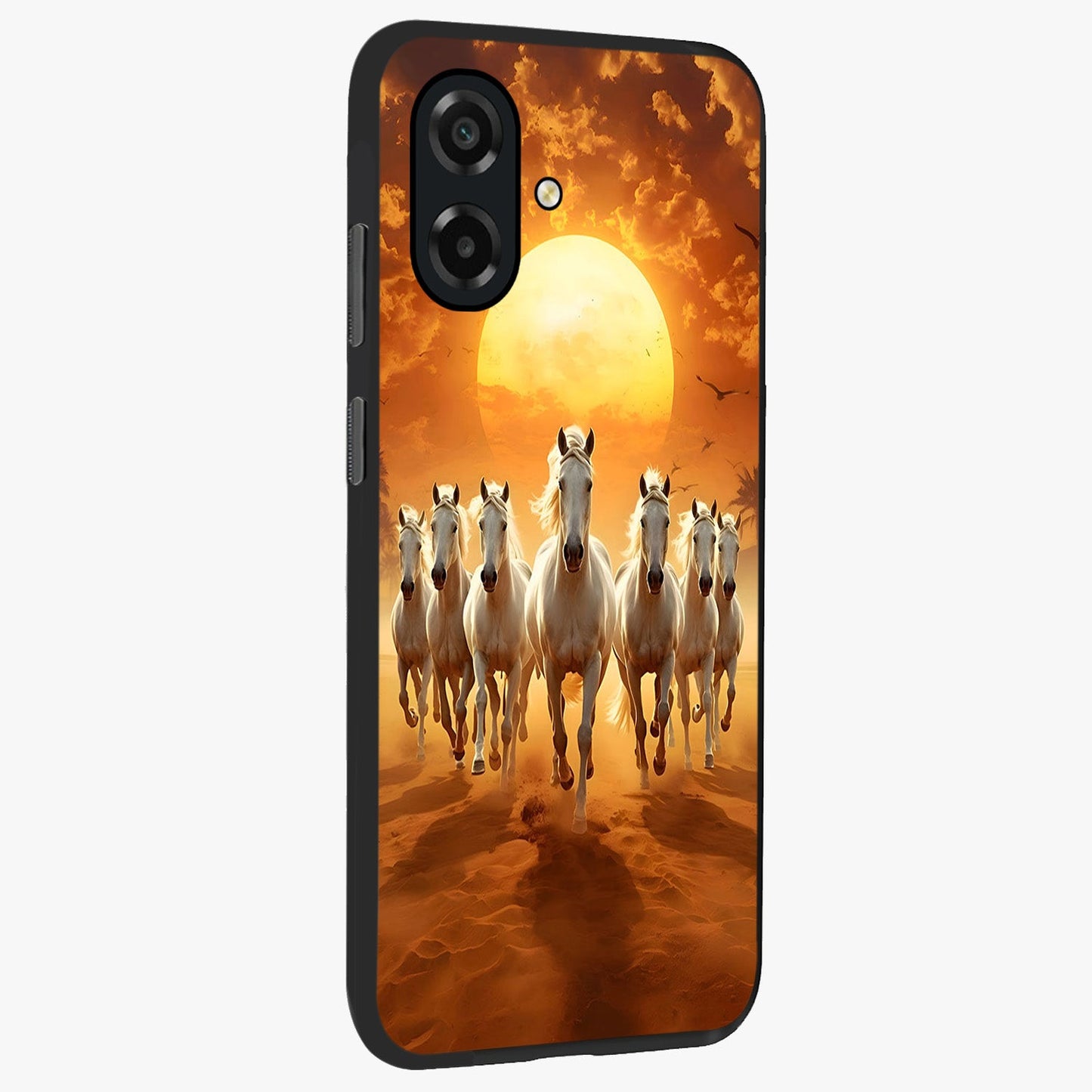 Wild Sunset Majesty Glass Case upright view showcasing dramatic sunset artwork with bold nature theme.