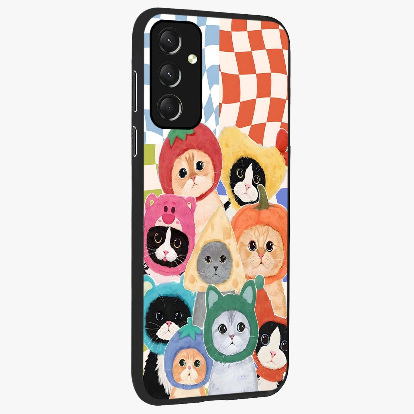 Cats in Fruits Glass Case upright view showcasing charming cat artwork with fun fruity theme.