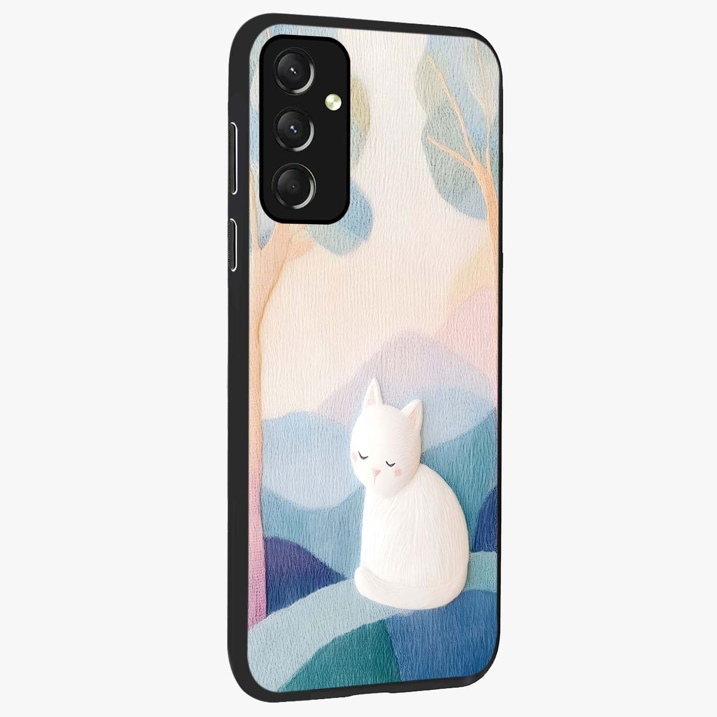 Cotton Dream Cat Glass Case upright view showcasing charming cat artwork with cozy dreamy theme.