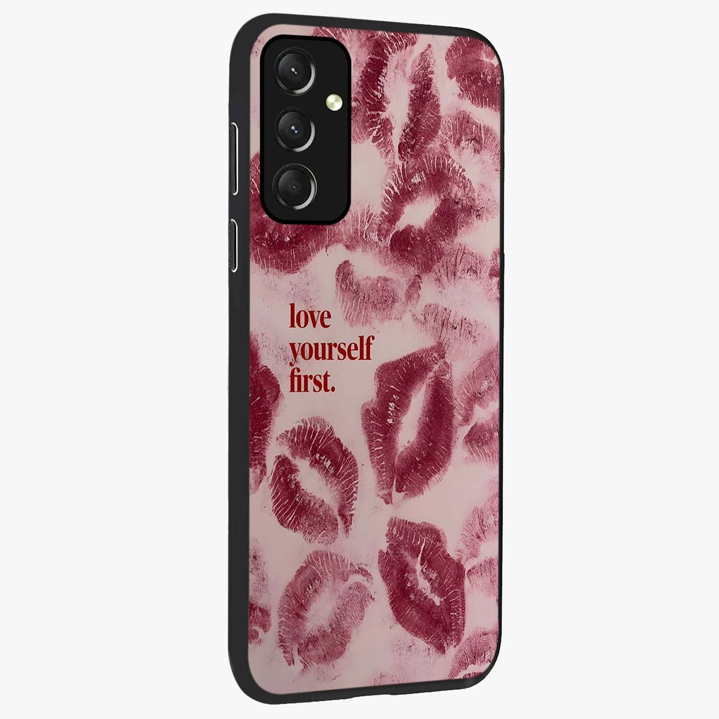 Crimson Kiss Love Glass Case upright view showcasing expressive romantic artwork with deep crimson theme.