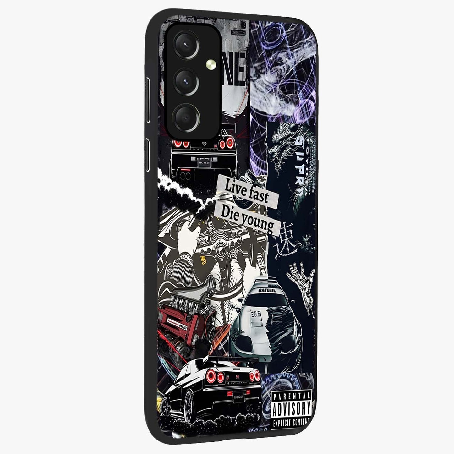 Die Young Glass Case upright view showcasing striking typography artwork with modern statement theme.