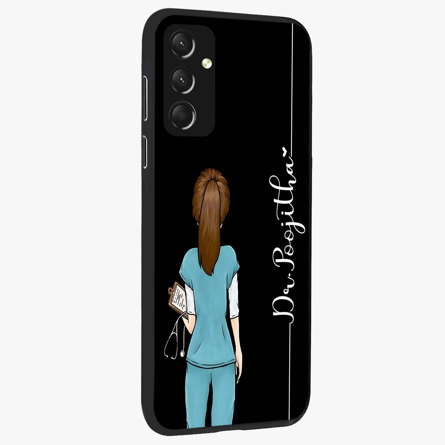 Doctor Pattern Custom Name Glass Case upright view showcasing healthcare themed design with personalized aesthetic.