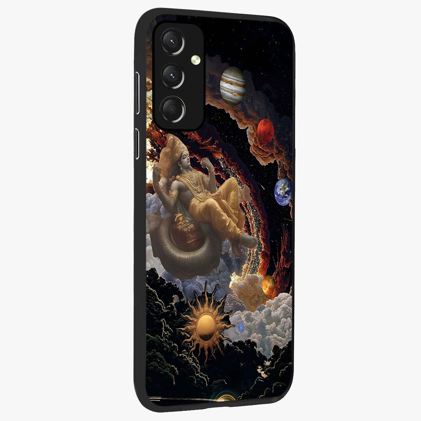 Galactic Divine God Glass Case upright view showcasing mystical divine artwork with dramatic cosmic theme.