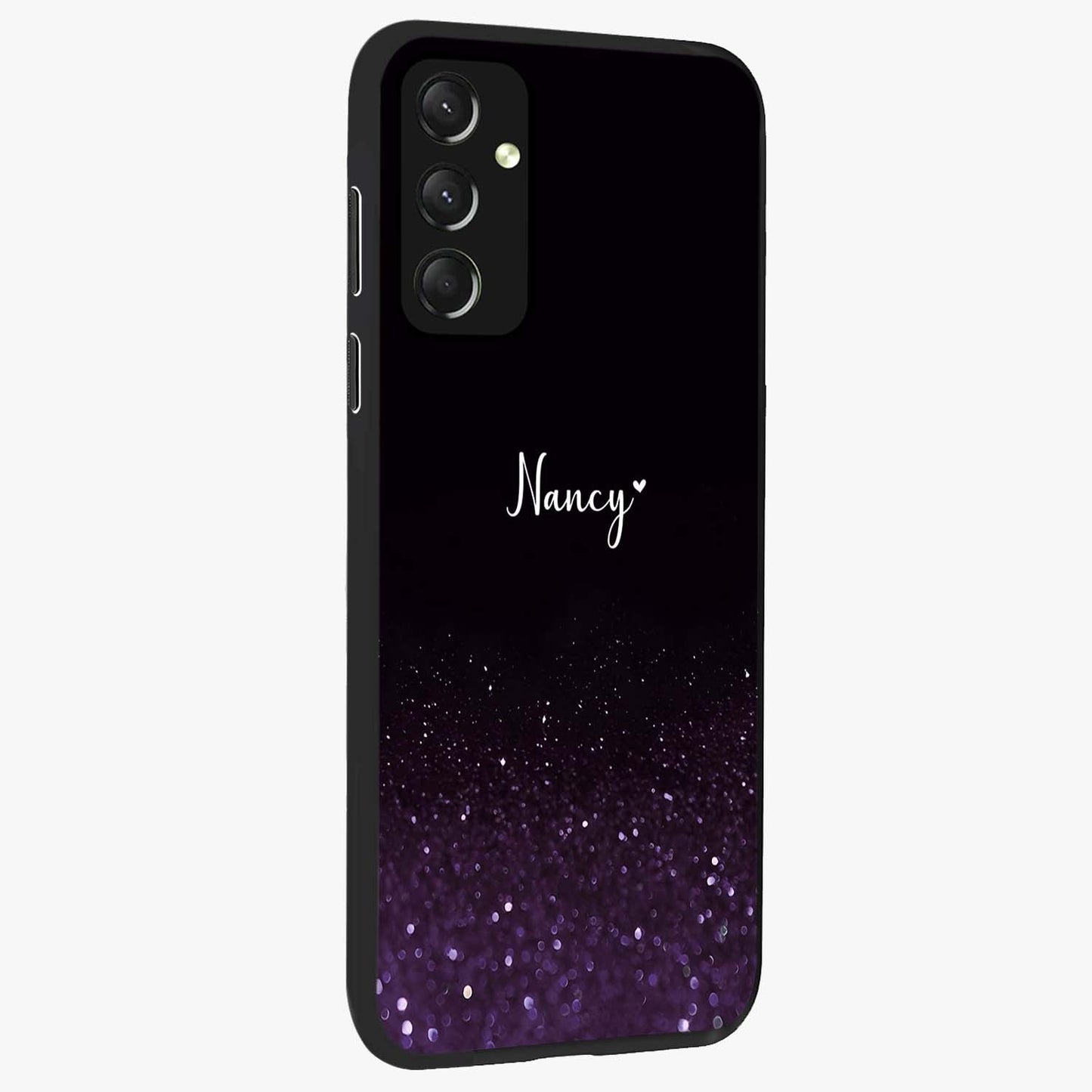 Glittery Purple Bokeh Custom Name Glass Case upright view showcasing vibrant purple sparkle artwork with personalized aesthetic style.